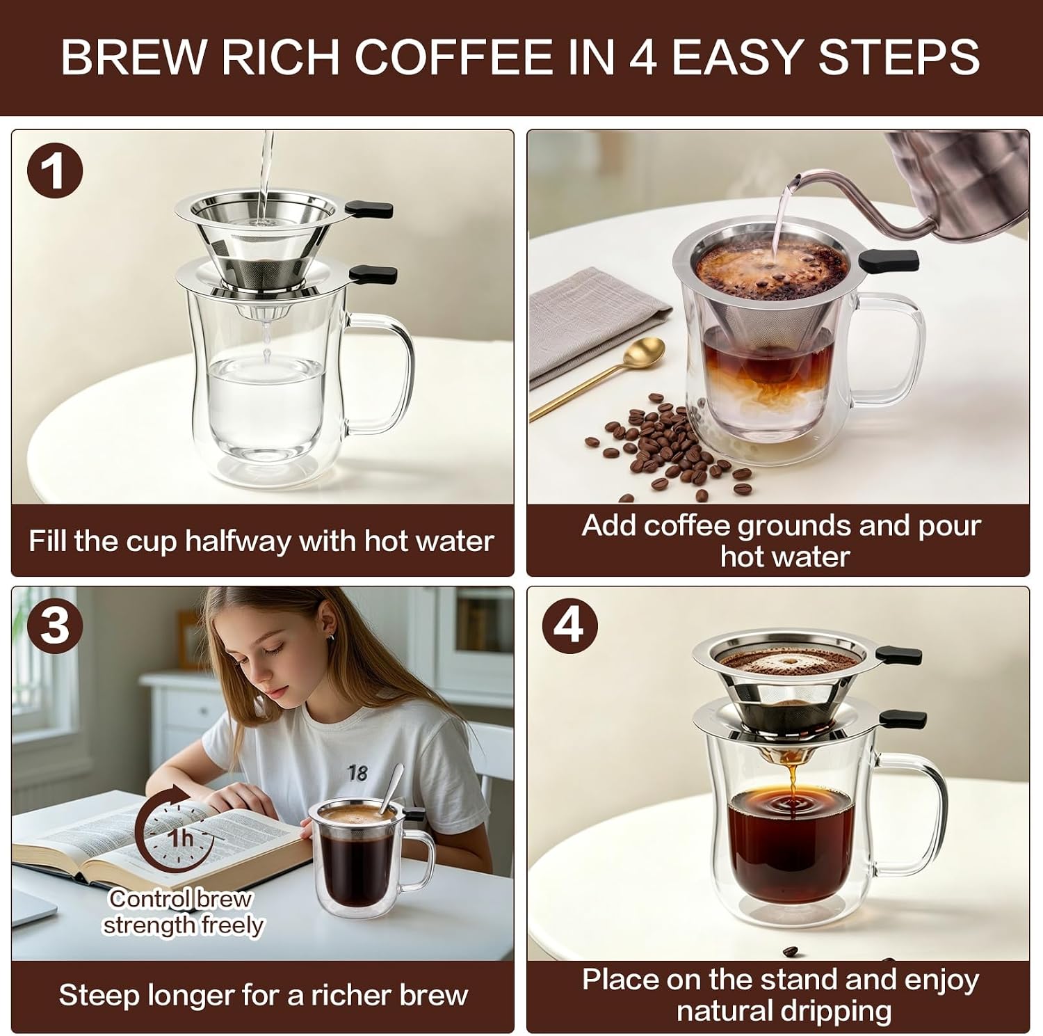Pour Over Coffee Maker with Cup, 2-in-1 Immersion & Drip Coffee Dripper, Stainless Steel Reusable Filter, Fits 3.3–4 Inch Cups, No Paper Filters Needed, Portable Coffee Brewer for Home Office Travel
