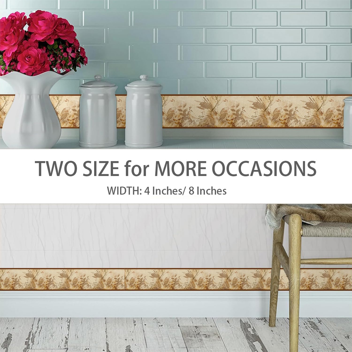 4"x393" Boho Coffee Yellow Brown Abstract Leaf Plant Wallpaper Border Peel and Stick Wall Border Self Adhesive Removable Vinyl Trim for Living Room Bedroom Bathroom Kitchen Cabinet Decoration