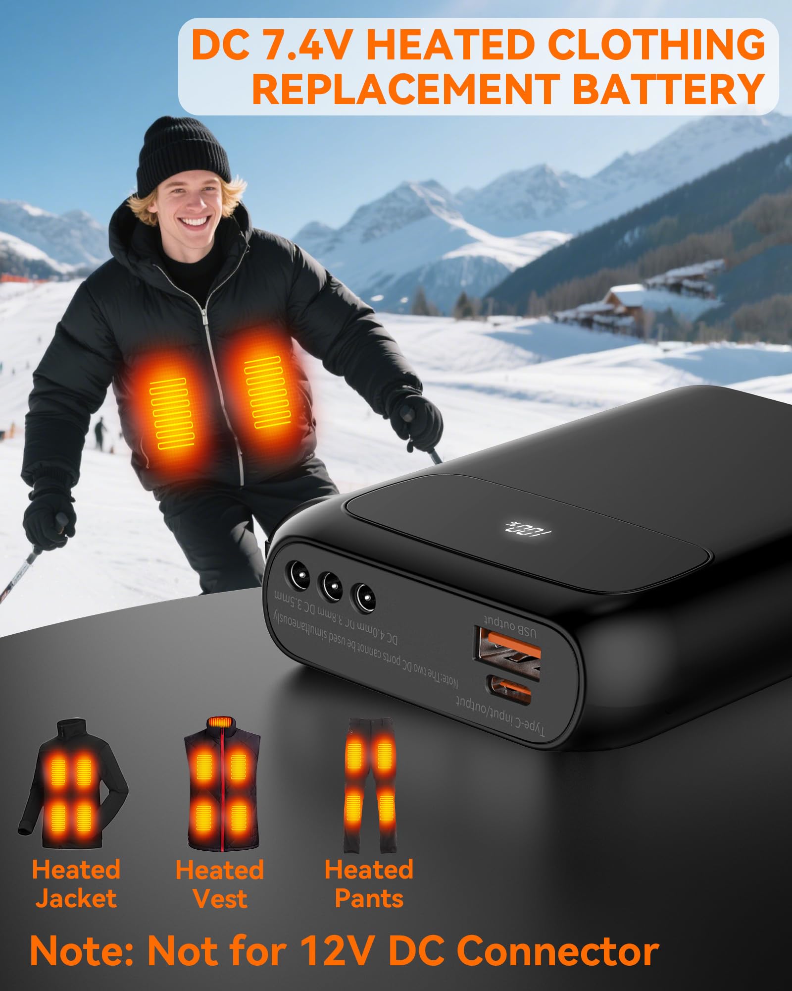 Batterie externe pour gilet chauffant - 7,4 V 3 A 20 000 mAh avec 3 sorties CC 3,5/3,8/4,0 mm - Rechargeable pour vestes chauffantes ORORO et Venustas, gilets, pantalons, sous-vêtements