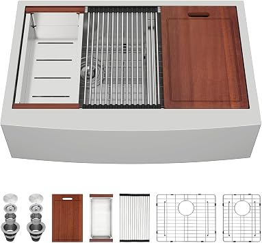 Sarlai 36 Farmhouse Kitchen Sink Double Bowl - 36 x 22 Inch Apron Front Stainless Steel 16 Gauge Ledge Workstation Farmer Sink Undermount Low Divide 60/40 Double Basin Under Counter Kitchen Farm Sinks
