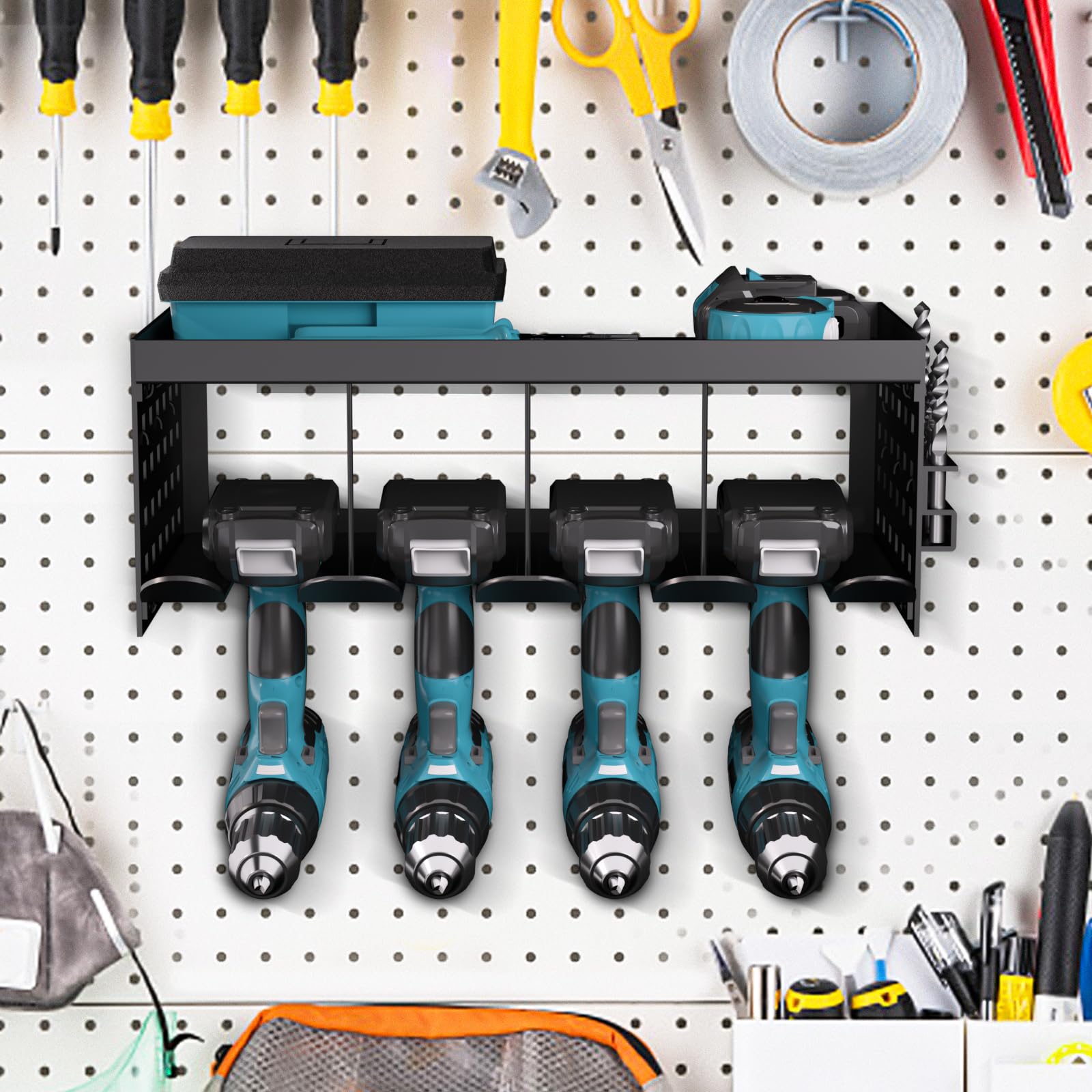 Rangement pour outils-Support mural - Perceuse à percussion - 4 emplacements - Pour perceuse électrique - Montage mural - Étagère de rangement - Tournevis - Organisateur d'outils