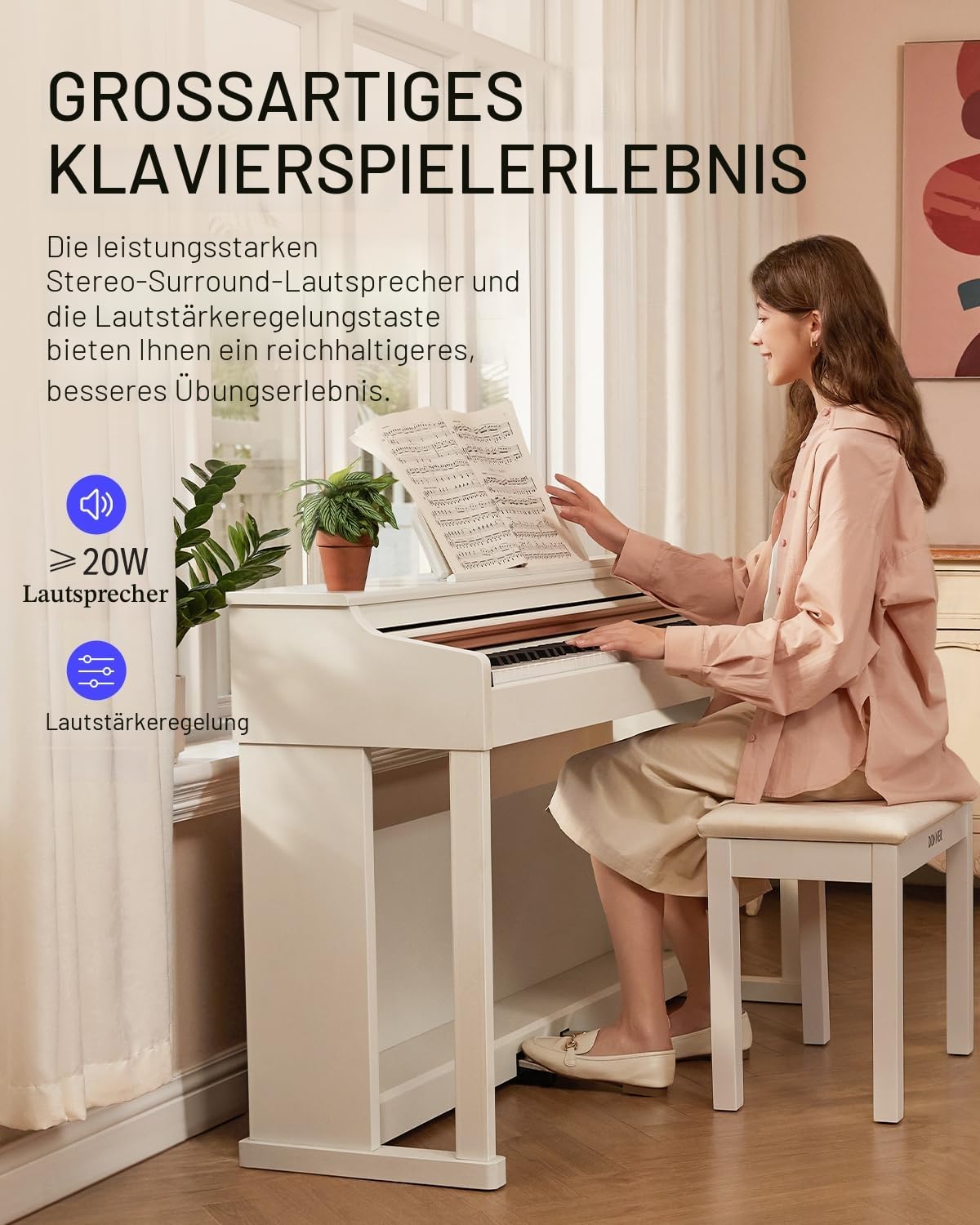 Donner Digitalpiano 88 Tasten Gewichtet DDP-100, Anfänger Keyboard Piano Bundle mit Möbelständer, Netzadapter, Weiß