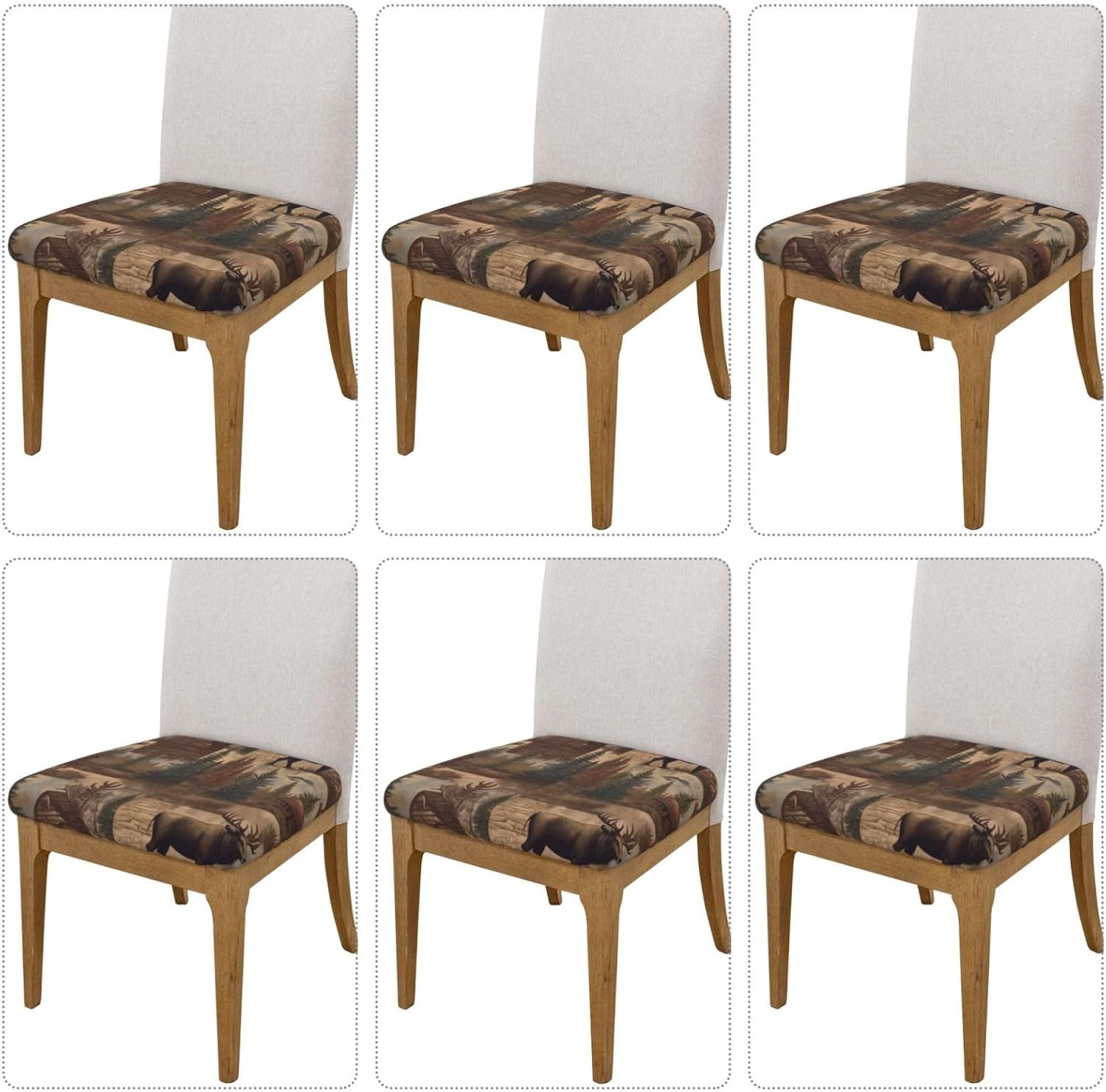 6PCS Stretch Seat Covers Set, Rustic Lodge Bear Moose Chair Covers for Dining Room, Square Chair Seat Slipcovers with Ties, Removable Washable Chair Protector Seat Cover for Kitchen Office