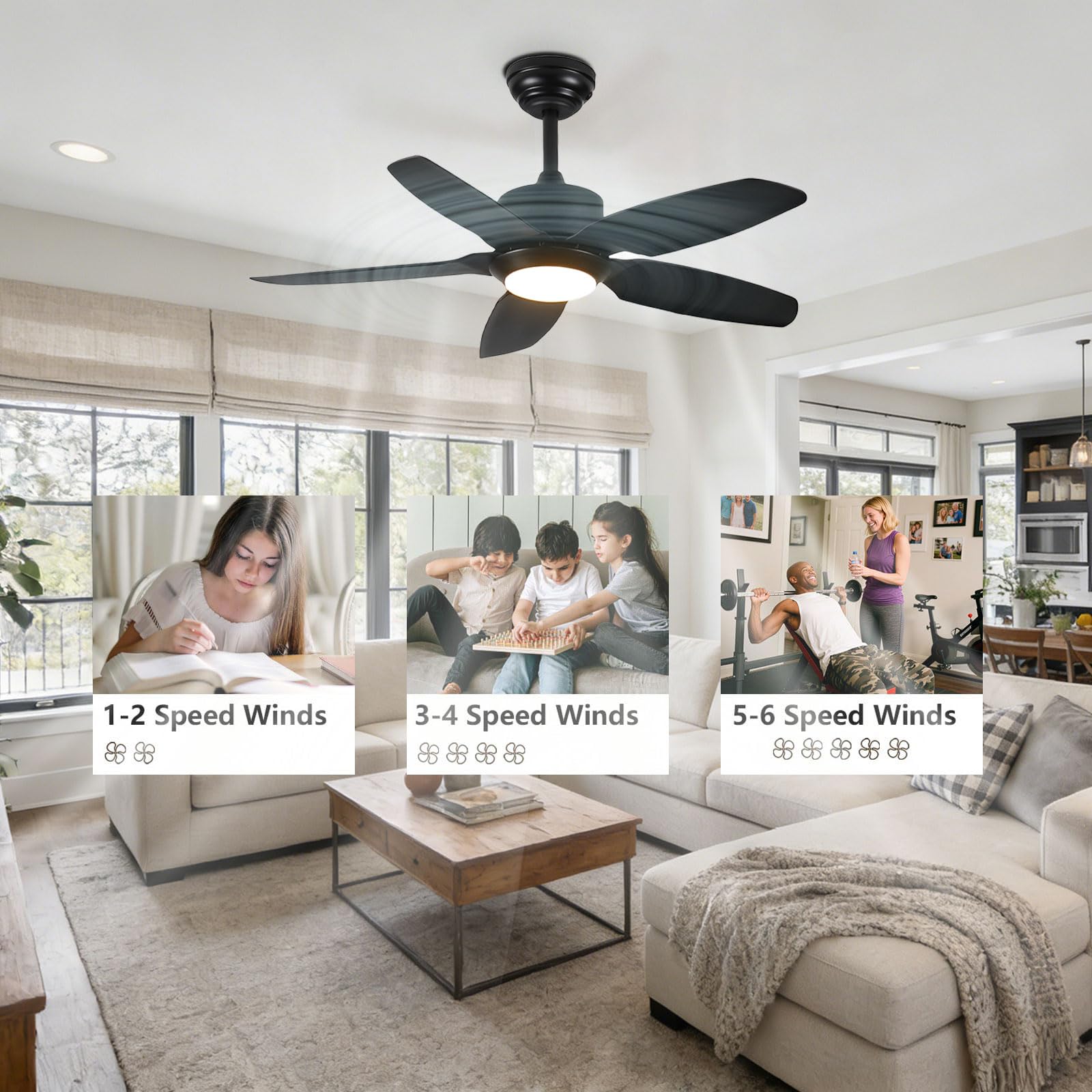 Ventiladores de Techo Negros silenciosos con Luces, Modernos, Inteligentes, con iluminación LED para Dormitorio, Comedor y Sala de Estar. 6 velocidades, Control Remoto, por aplicac