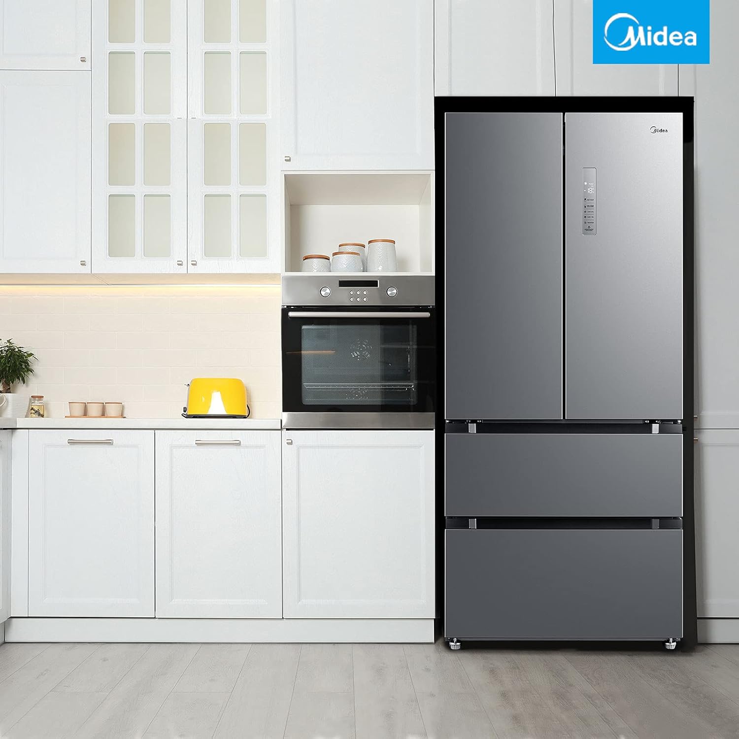 Midea MDRF713FGE02 Frigorifero/congelatore French Door, 189,8 cm di altezza, 83,3 cm di larghezza, 314 kWh/anno, NoFrost, Digi-Fresh Box, tecnologia inverter, Plasma Pure, Front Inox [Classe di efficienza energetica E]