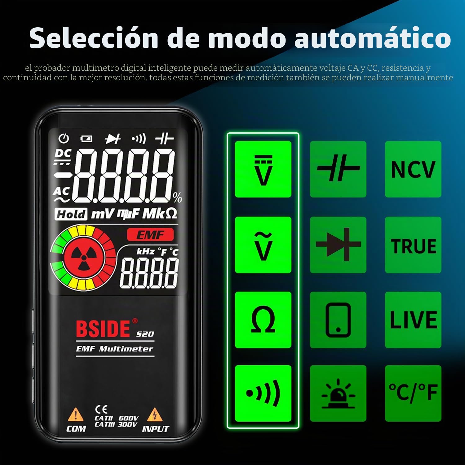 BSIDE Multímetro digital recargable LCD EBTN color 3 resultados Multímetro inteligente 9999 cuentas Detector EMF rango automático Resistencia Capacitancia Diodo Frecuencia Comprobador de voltaje