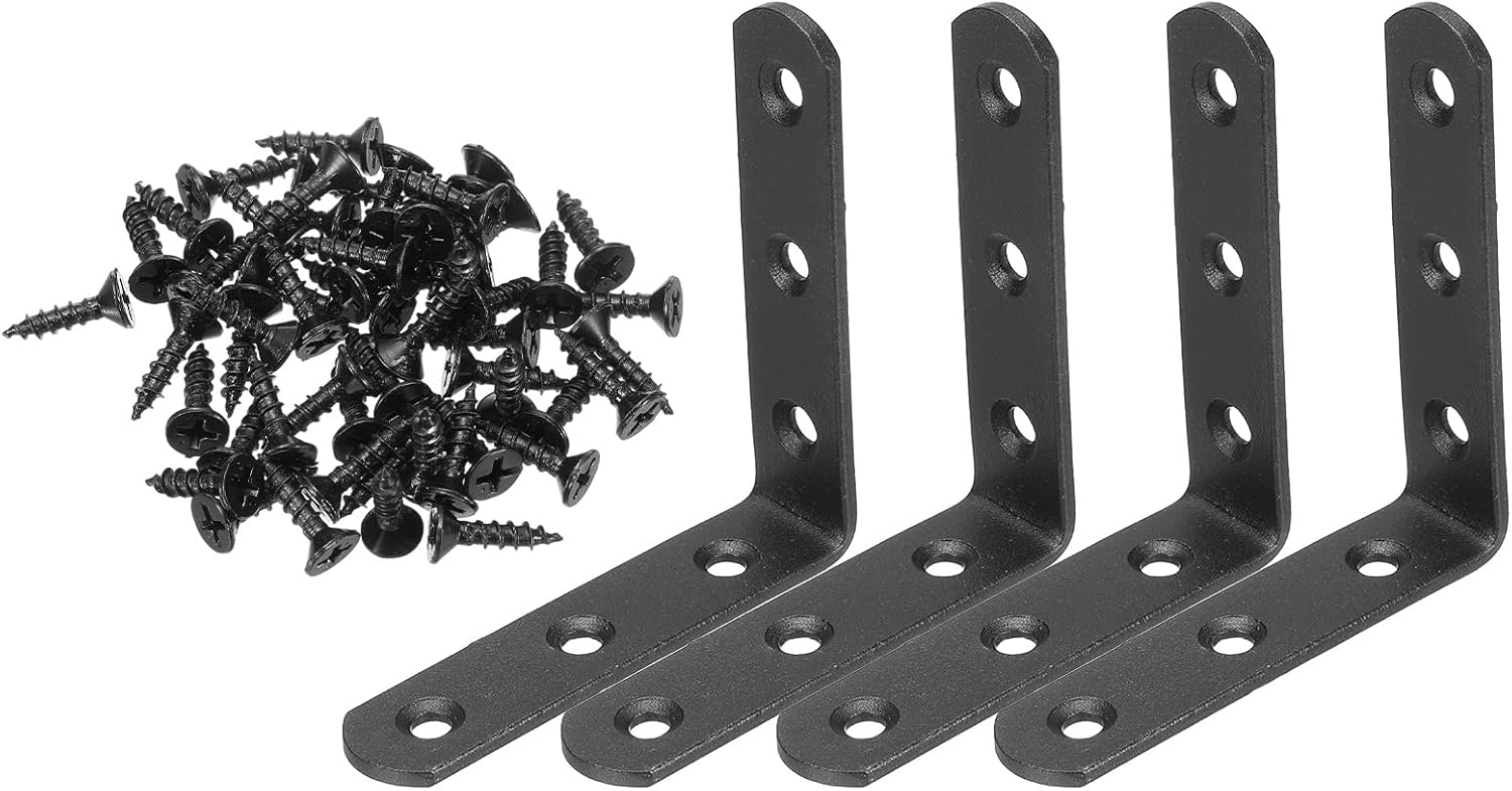 PATIKIL 4 Pcs Metal L-Shape Brackets, 80mm x 80mm (3.1"x3.1") 90 Degree l Bracket Corner Braces Cold Rolled Steel Right Angle Mounts with Screws for Wood Shelves Furniture, Black
