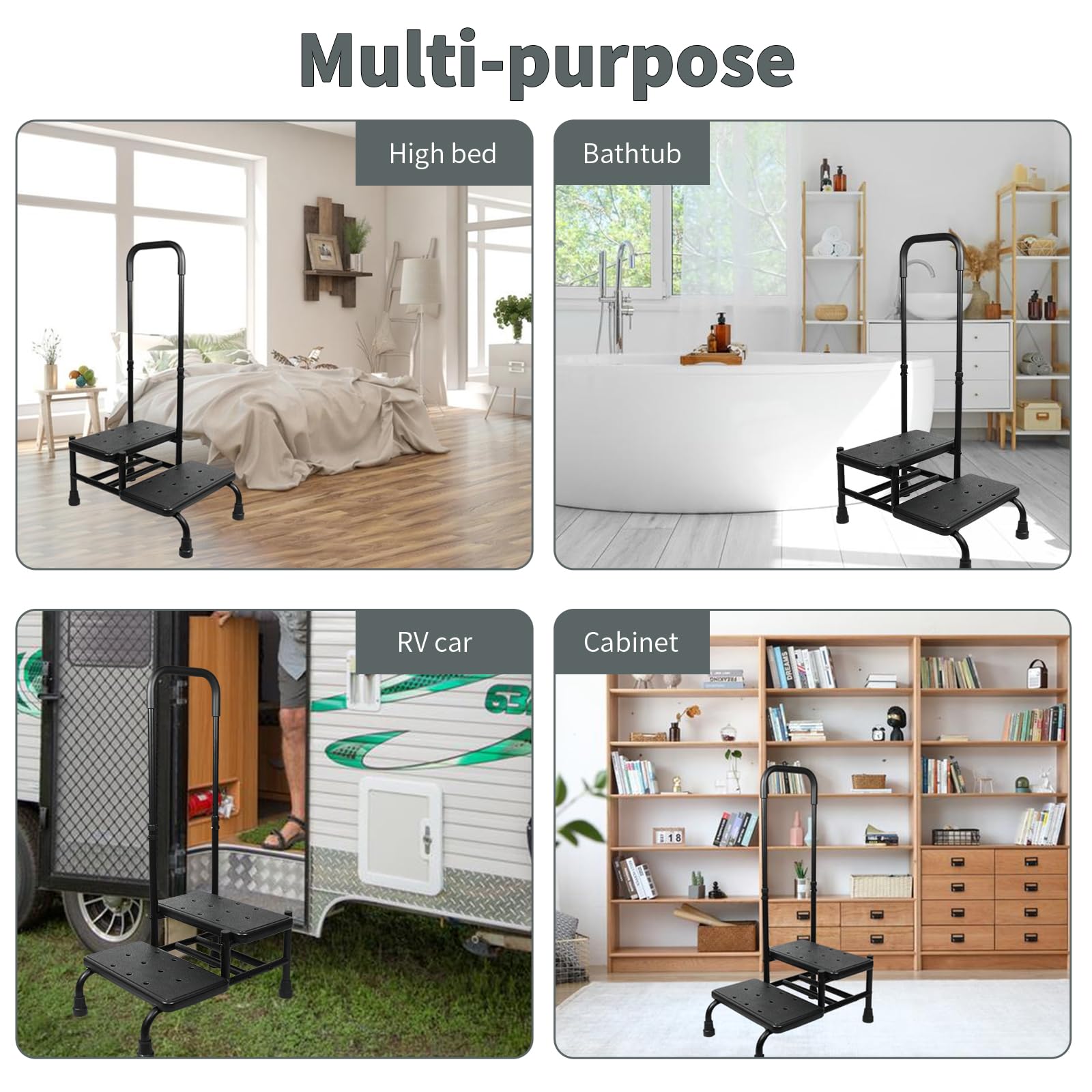 NexusSmash 2- Step Stool with Handle for Elderly, Heavy Duty Bed Steps for High Beds for Adults, Bedside Step Stool for Elderly, Handicap, Height Adjuastable & with Sensor Light, Hold up to 450 lbs