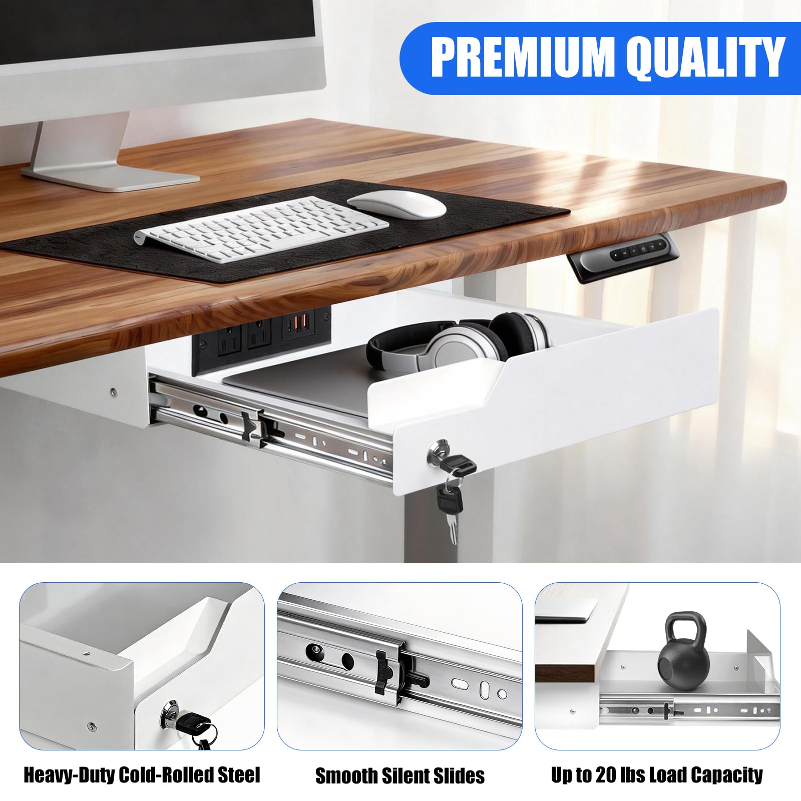 Cassetto portaoggetti sotto scrivania con serratura, cassetto da tavolo in metallo, cuscinetto a sfera, organizer per carta, matite e laptop, 40,6 x 30 x 9,1 cm, bianco con striscia di