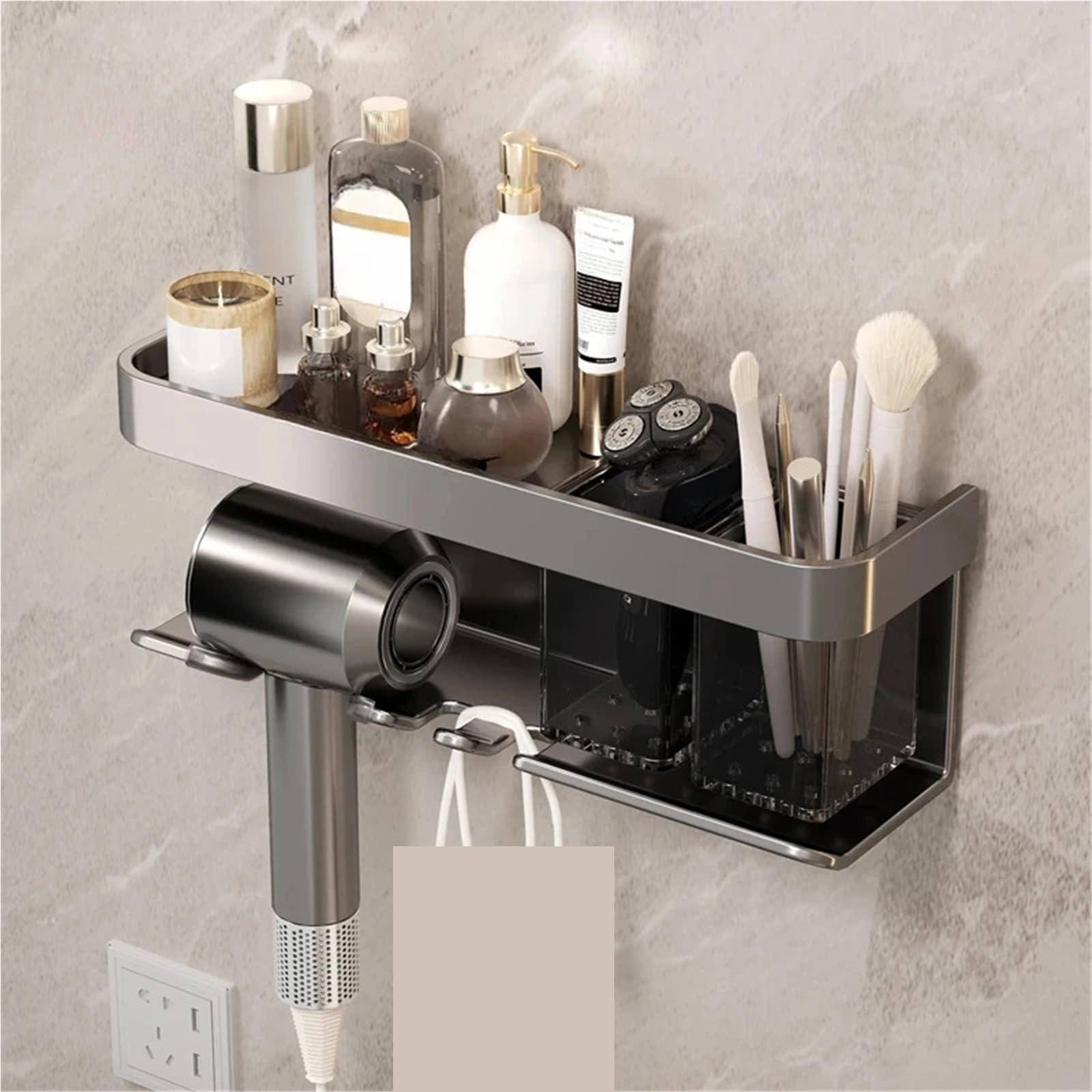 Haartrockner-Aufbewahrungsregal aus Aluminiumlegierung, ohne Bohren, zur Wandmontage, 2-in-1-Badezimmerregal Für Haartrockner