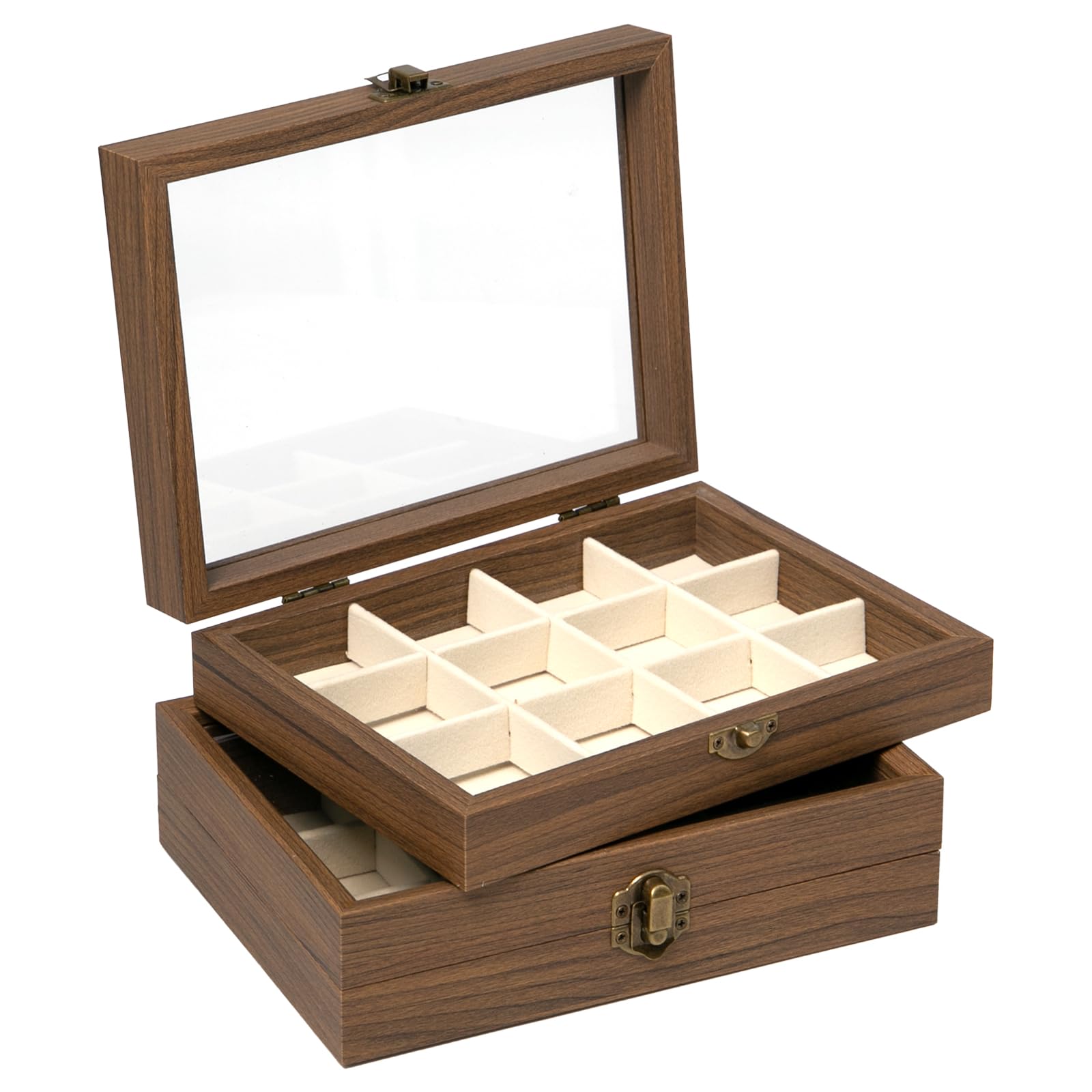 Boite pierre precieuse bois vitrine rangement roches minéraux fossiles x2