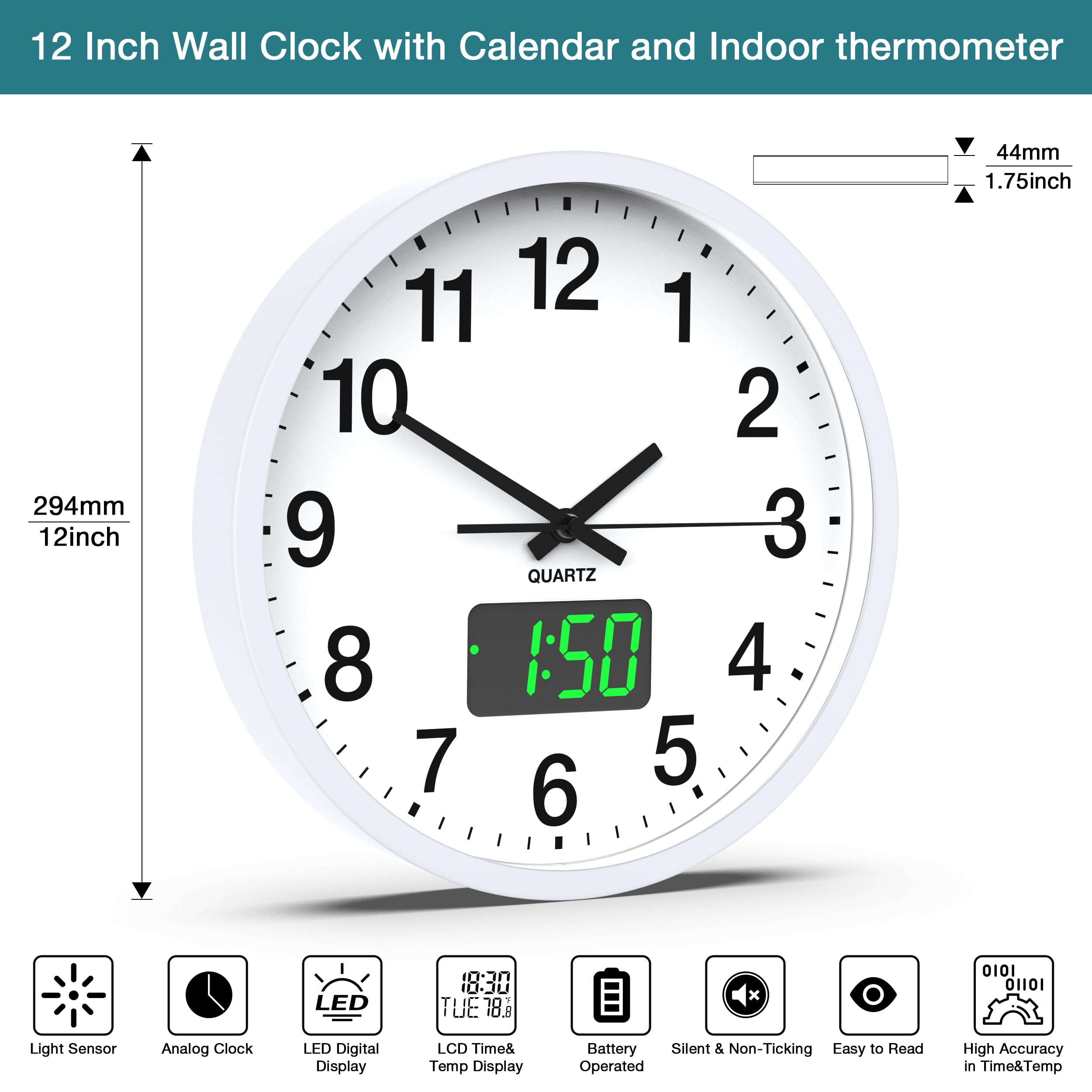 Relojes de pared pequeños modernos, sensor de luz/pantalla LED de hora/pantalla LCD de hora, fecha y temperatura, funciona con pilas, reloj de pared silencioso sin tictac, analógico clásico para