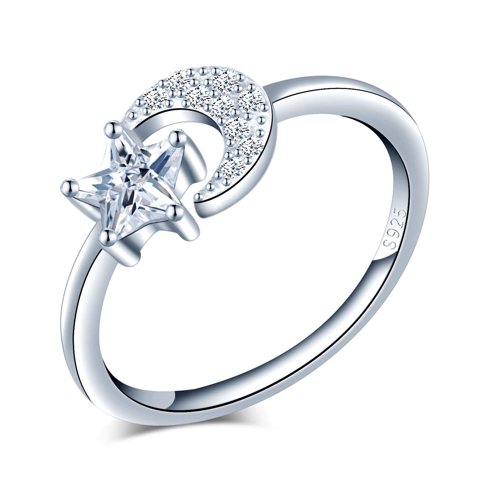 Yumilok Anillo de plata 925, anillo ajustable para mujer y niña, anillo de compromiso abierto, anillo de luna y estrella, circonita cúbica con incrustaciones, tamaño ajustable