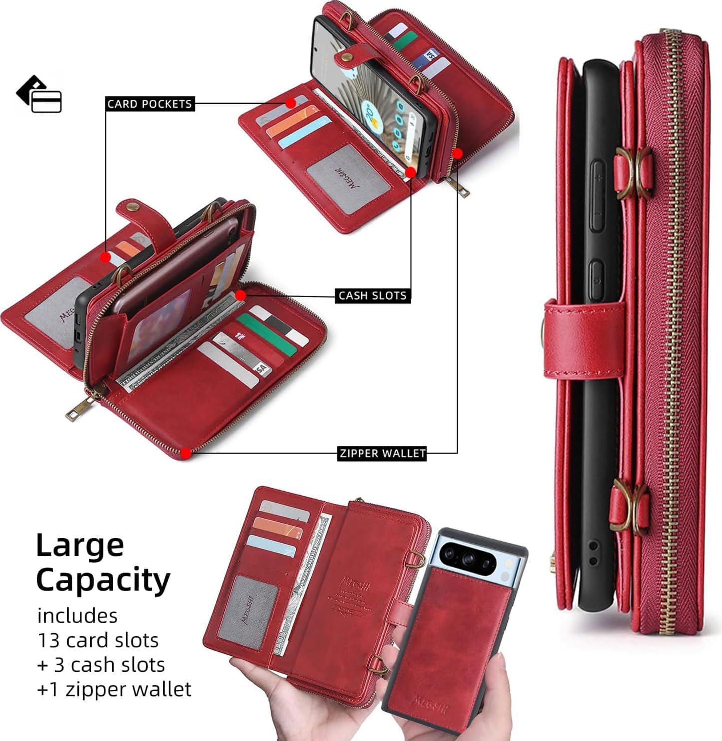 Compatible with Google Pixel 8 Pro 5G Wallet Case Crossbody Shoulder Strap Card Holder Stand Multi-Function 2in 1 Detachable Magnetic and Cell Phone Cover for Pixel8Pro Pixel8 XL Eight 8Pro Red