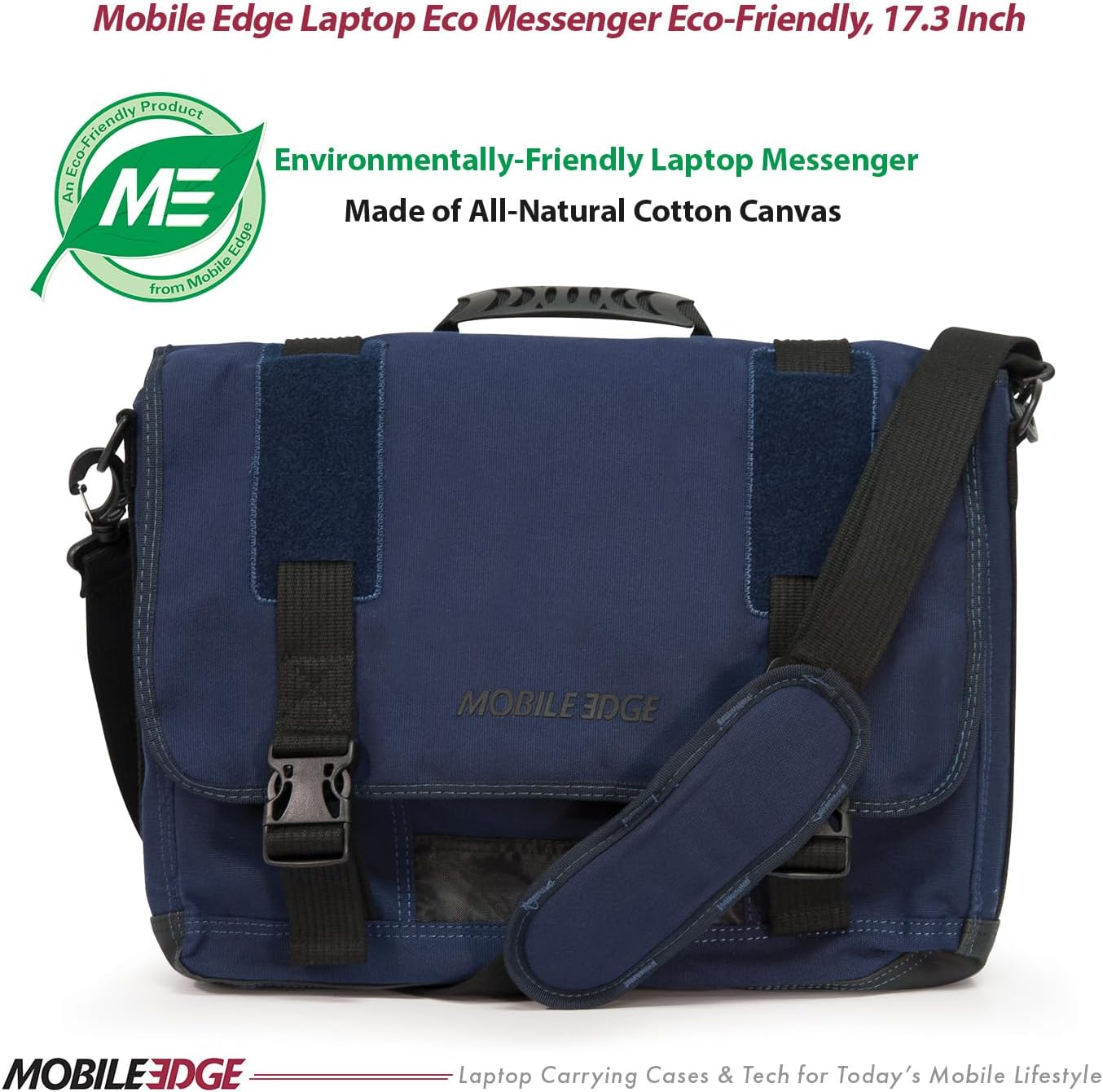 Mobile Edge ECO Laptop Messenger Bag for Men and Women, Fits Up To 17.3 Inch Laptops, Travel Work Computer Bag, Cotton Canvas, Padded Pockets, Black