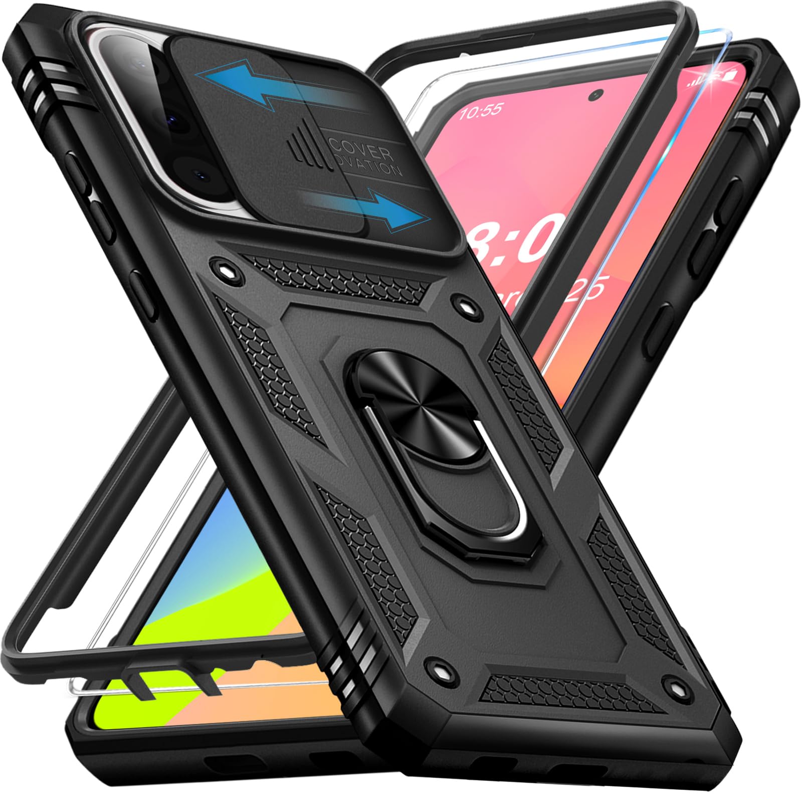 Giyer Panzerhülle für Samsung Galaxy A57 5G Hülle mit Schutzfolie, Handyhülle Case mit Kameraschutz 360° Metall Ring Ständer, Stoßfest Schutzhülle für Samsung A57 5G Cover Tasche (Schwarz)
