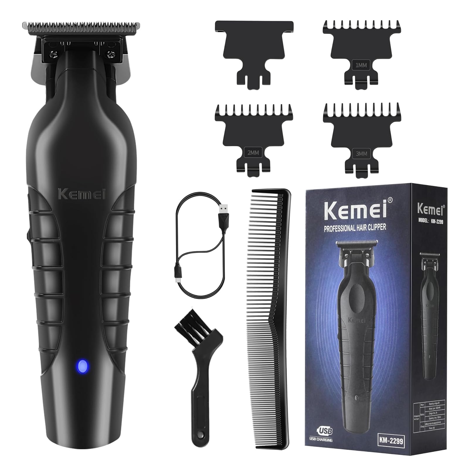 Tagliacapelli Professionale Multifunzionale, Batteria 1200mAh, 180 Minuti di Autonomia, Lama T Zero Gap, Ricarica USB, Nero