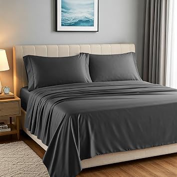Carressa Linen 100% Egyptian Cotton King Size Sheets Set - Luxury 1500 Series Heliconia Collection Egyptian Cotton Sheets King Size 4 PC, Dark Grey, 17" Deep Pocket, Sateen Hotel Quality Bedding