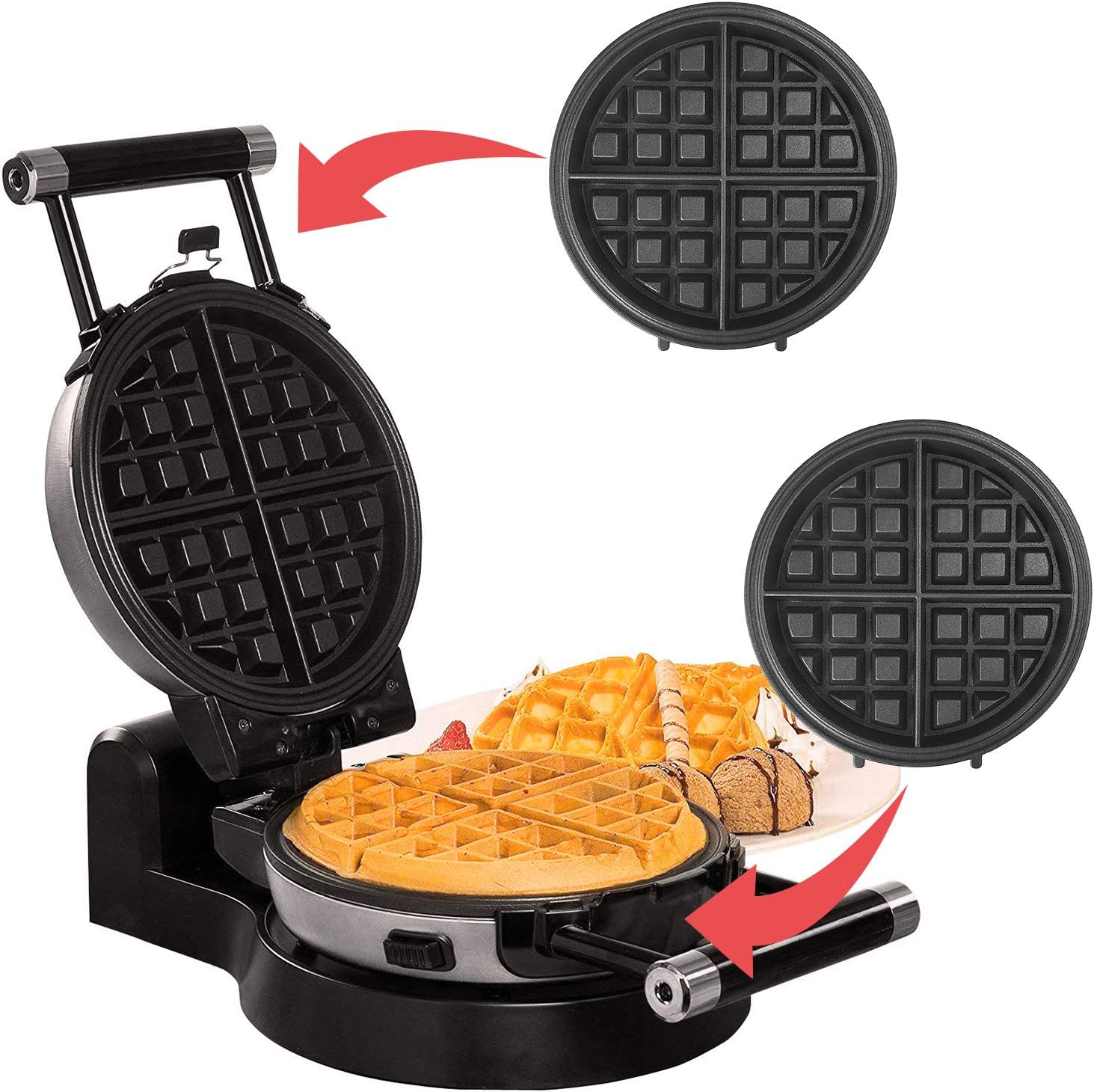Upgrade Automatic 360 Rotating Belgian Waffle Maker with Removable Plates, Black + Silver