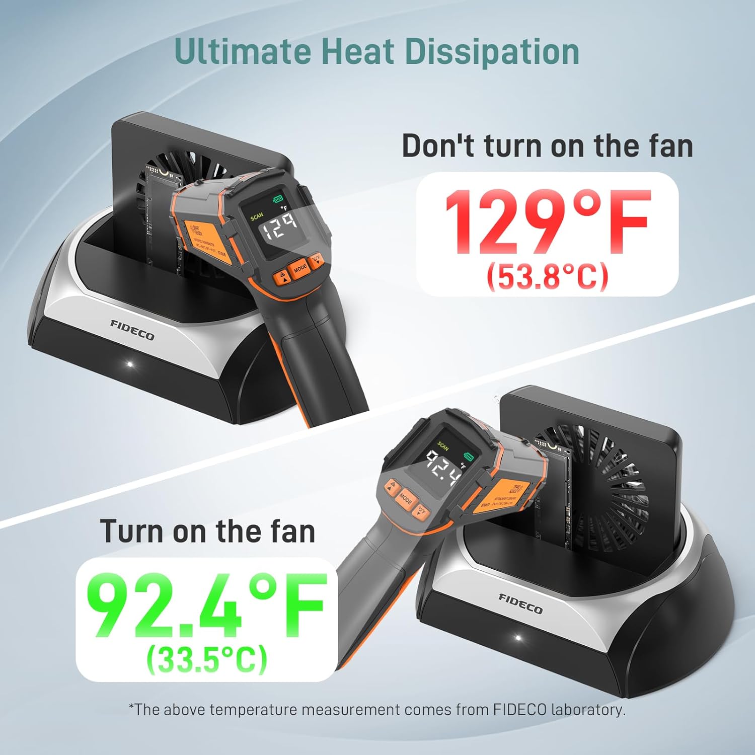 Comparison of drive temperature with cooling fan off (129°F / 53.8°C) versus with cooling fan on (92.4°F / 33.5°C).