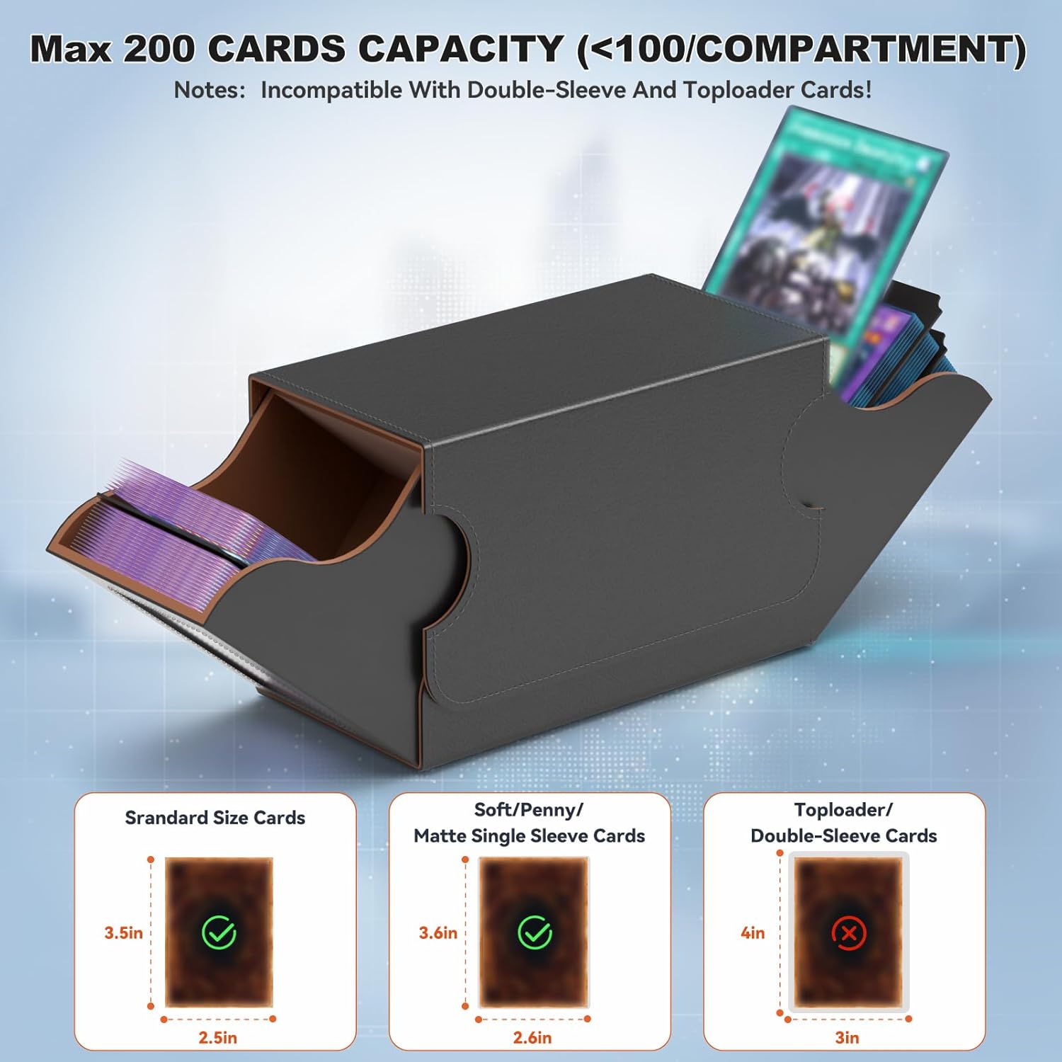 Card Deck Box Trading Card Storage Box MTG Commander Deck Box TCG with 4 Dividers Sports Card Storage Holder 200 Single Sleeved Leather Magnetic Closure YuGiOh Deckbox TCG Case Desktop Organizer Black