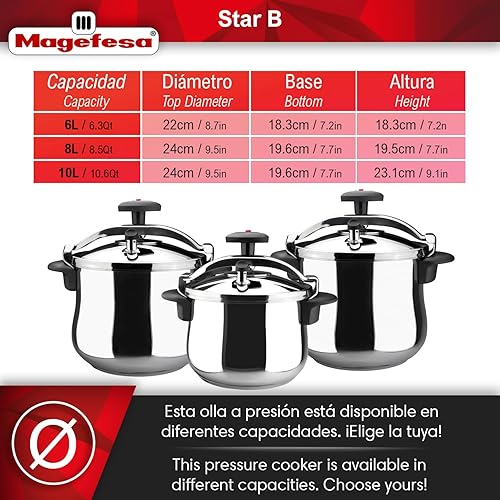 Miniatura 2 de MAGEFESA Star - Olla a presión rápida fácil de usar acero inoxidable 1810 adecuada para inducción Parte inferior de termodifusión 3 sistemas de