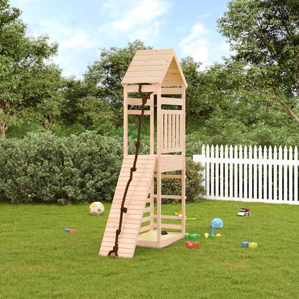 Natural Pine Solid Wood Large Durable Playhouse with Climbing Wall and Sandpit Area for Outdoor Fun, Spacious Design for Up to Three Children, Rustic Wooden Structure