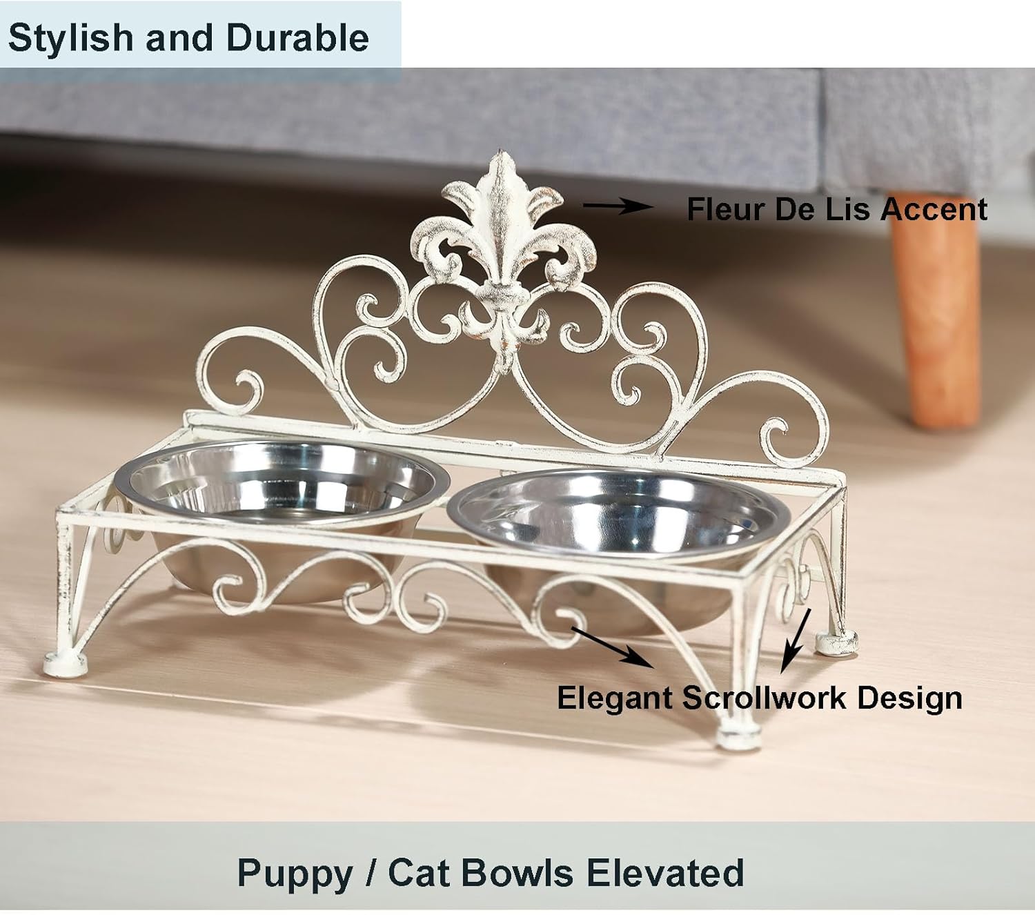 Iron Dog Cat Bowls Elevated - Dog or Cat Food and Water Dish Bowl Set - Raised Small Dog Cat Bowl Stand - Antique White