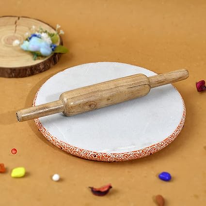 Saudeep India Premium Painted Natural White Marble Chakla/Roti Maker 9.5 Inchs Diameter with Wooden Belan (Orange)