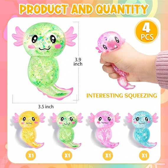 4 PCS Axolotl Squishy Stress Relief Toy, Soft Squeeze Fidget Toy, Cute Axolotl Sensory Stress, for Anxiety and Focus
