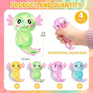 4 PCS Axolotl Squishy Stress Relief Toy, Soft Squeeze Fidget Toy, Cute Axolotl Sensory Stress, for Anxiety and Focus