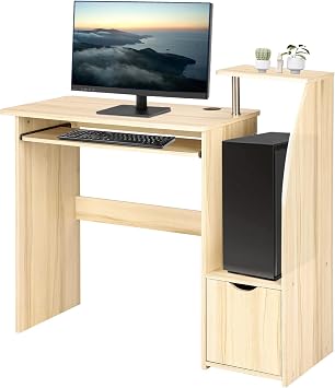 Trintion Computer Desk, Study Writing Small Desks with Drawer Sliding Storage Shelf Keyboard Tray, Gaming Desks for Home Bedroom Office Table Workstations, Oak 98x86.6x40cm