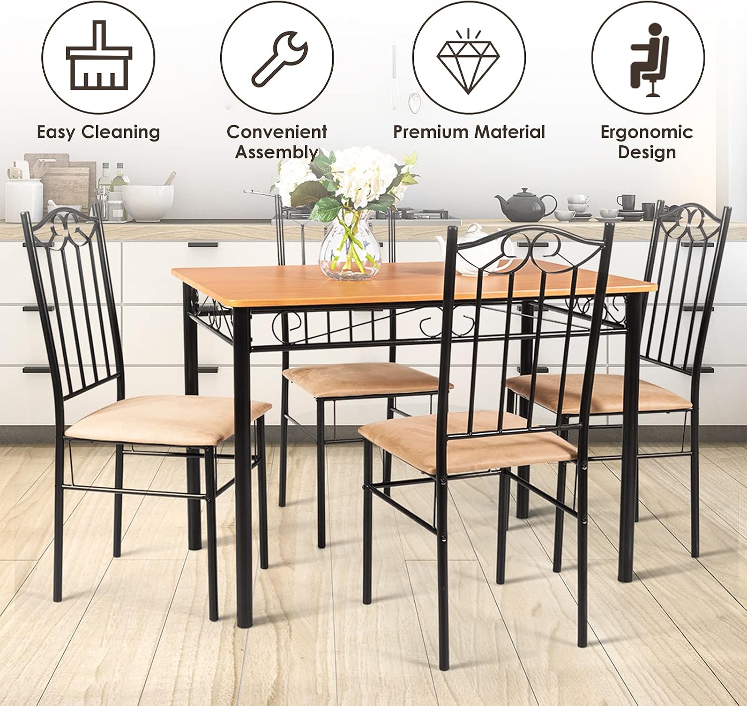 Durx-litecrete 5-Piece Dining Table Set, Vintage Kitchen Table Set with 4 Chairs, Metal Frame, Dining Table and Chairs Set for Kitchen, Restaurant, Café