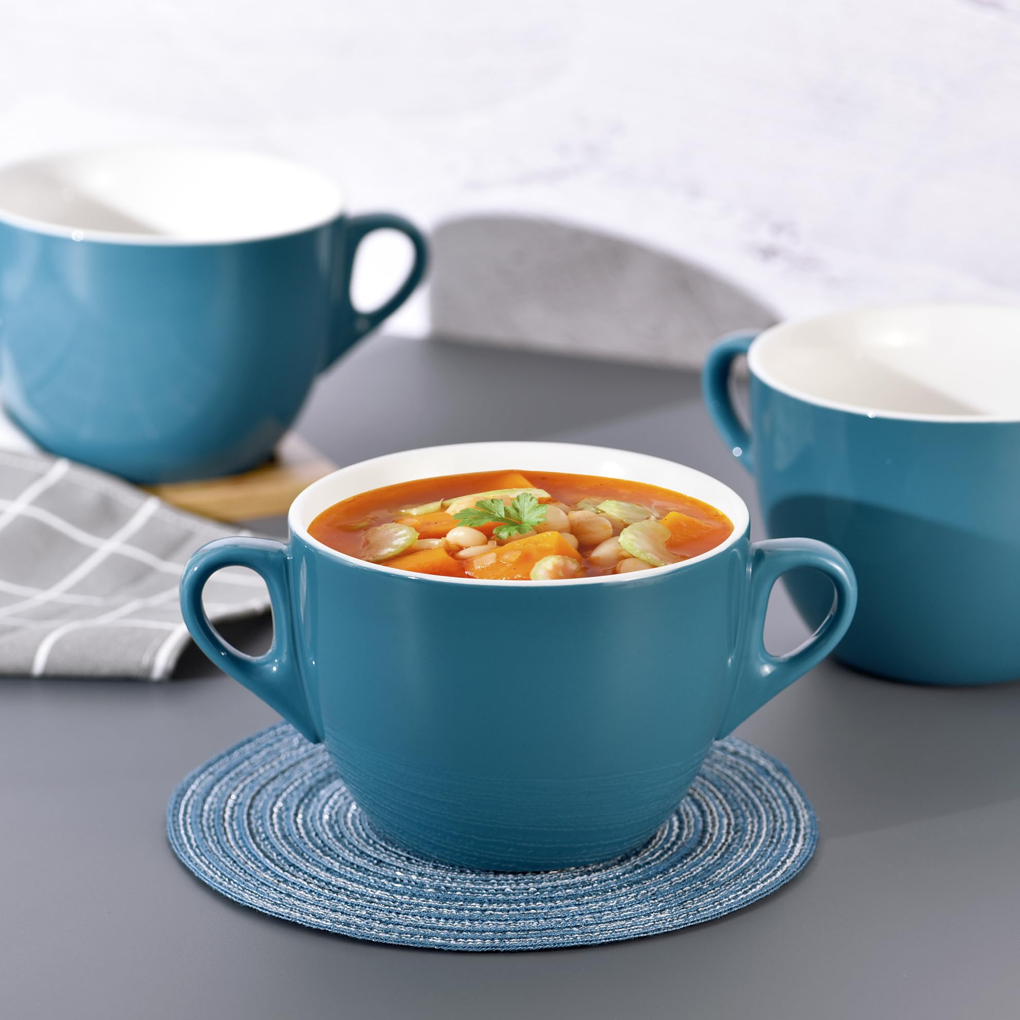 Juego de 4 cuencos de sopa versátiles de gres para servir con asas, apilables, regalo de salud, reemplazo perfecto o regalo de cocina para calentar la casa
