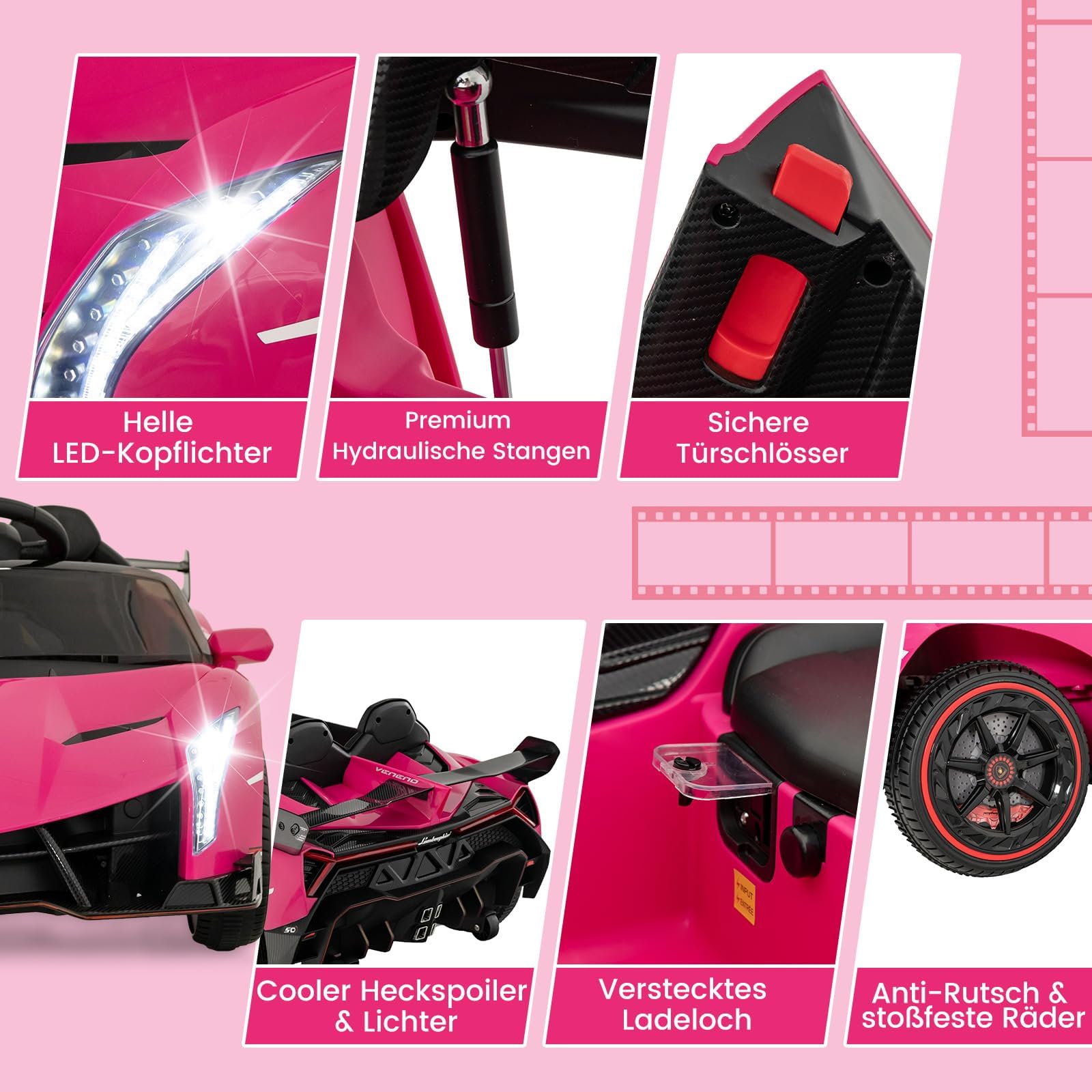 FANTASK Lamborghini Elektroauto für Kinder, Kinderfahrzeug mit 2,4-G Fernbedienung & LED Scheinwerfer & Hupe & Musik, Elektrofahrzeug 3-6 km/, Kinderauto Elektro für Kinder ab 3 Jahren (Rosa)