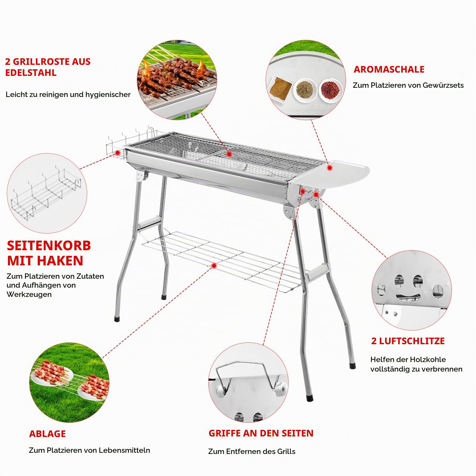 Holzkohlegrill Edelstahl Faltgrill Campinggrill 100 x 28x 76 cm, Outdoor Grill, Tragbar Kohlegrill für den Außenbereich für Grillpartys im Freien von 2-8 Personen