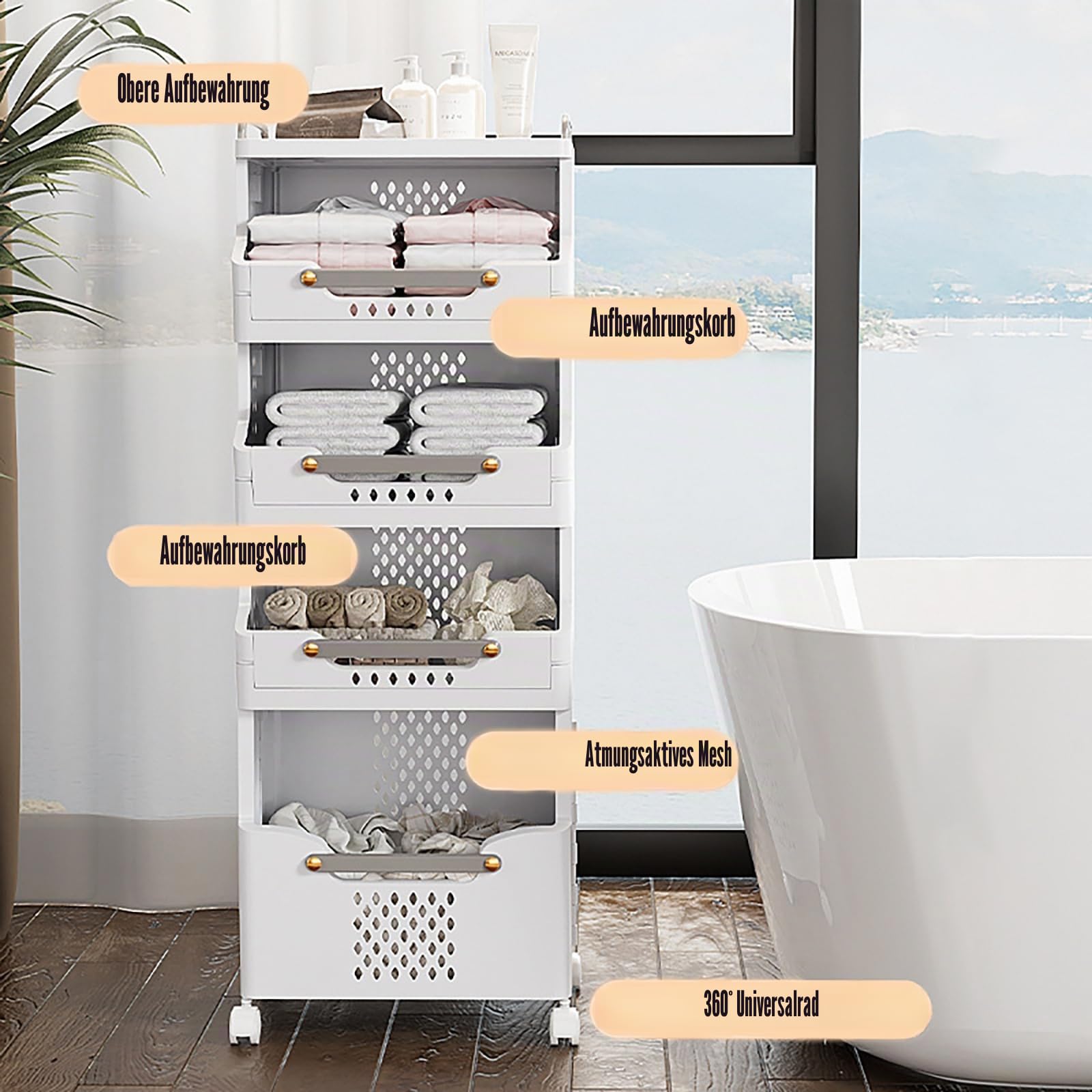 Wäschekorb Plastik Wäschesammler Wäschewagen Laundry Organizer, Stapelbare Wäschekorb mit Rollen, Wäschetrenner mit 3 Aufbewahrungskörbe Wäsche Sortiersystem, 41.6 * 29.7 * 88.8cm