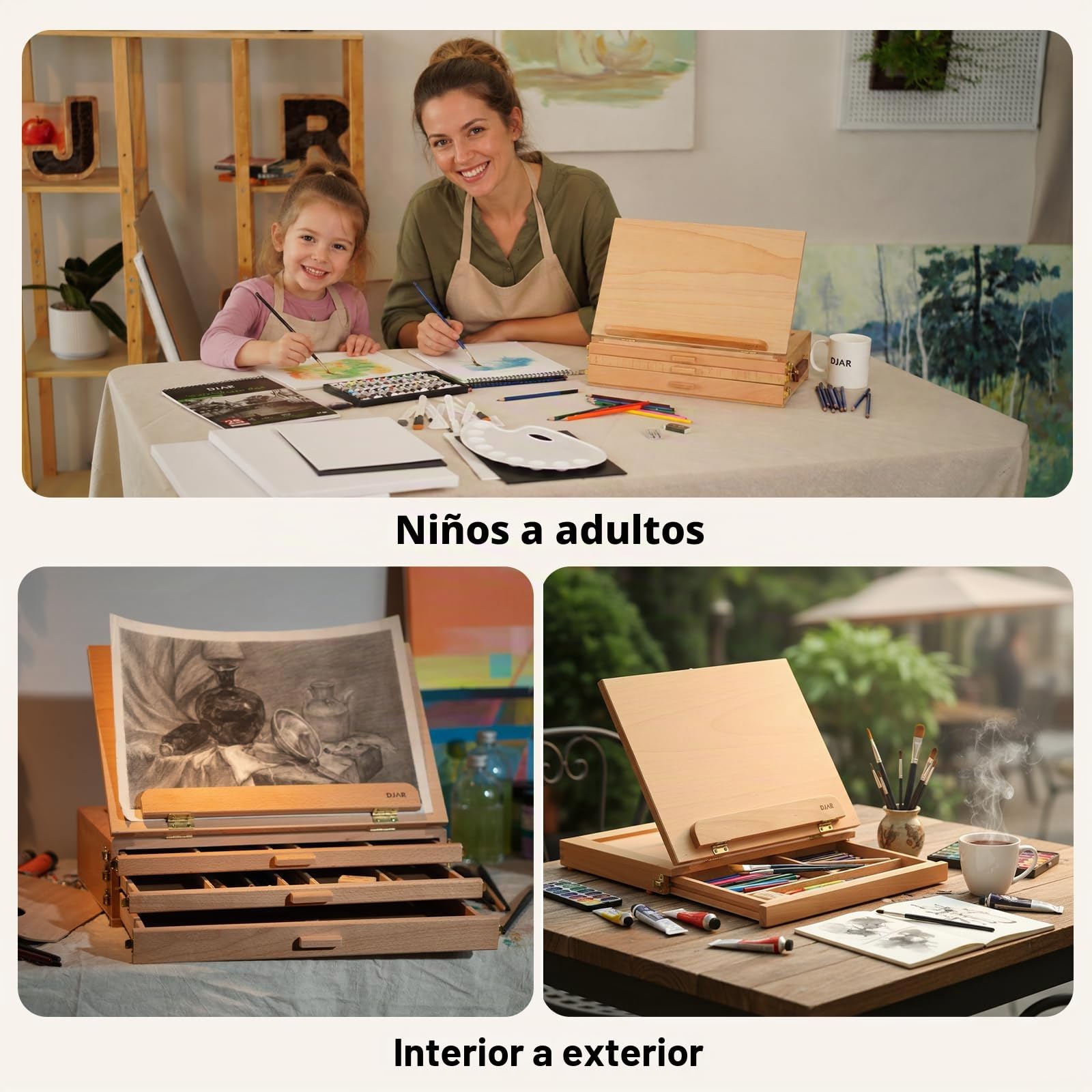 DJAR Caballete artístico de mesa con 3 cajones, portátil y ajustable de madera de haya, soporte de pintura para adultos y estudiantes