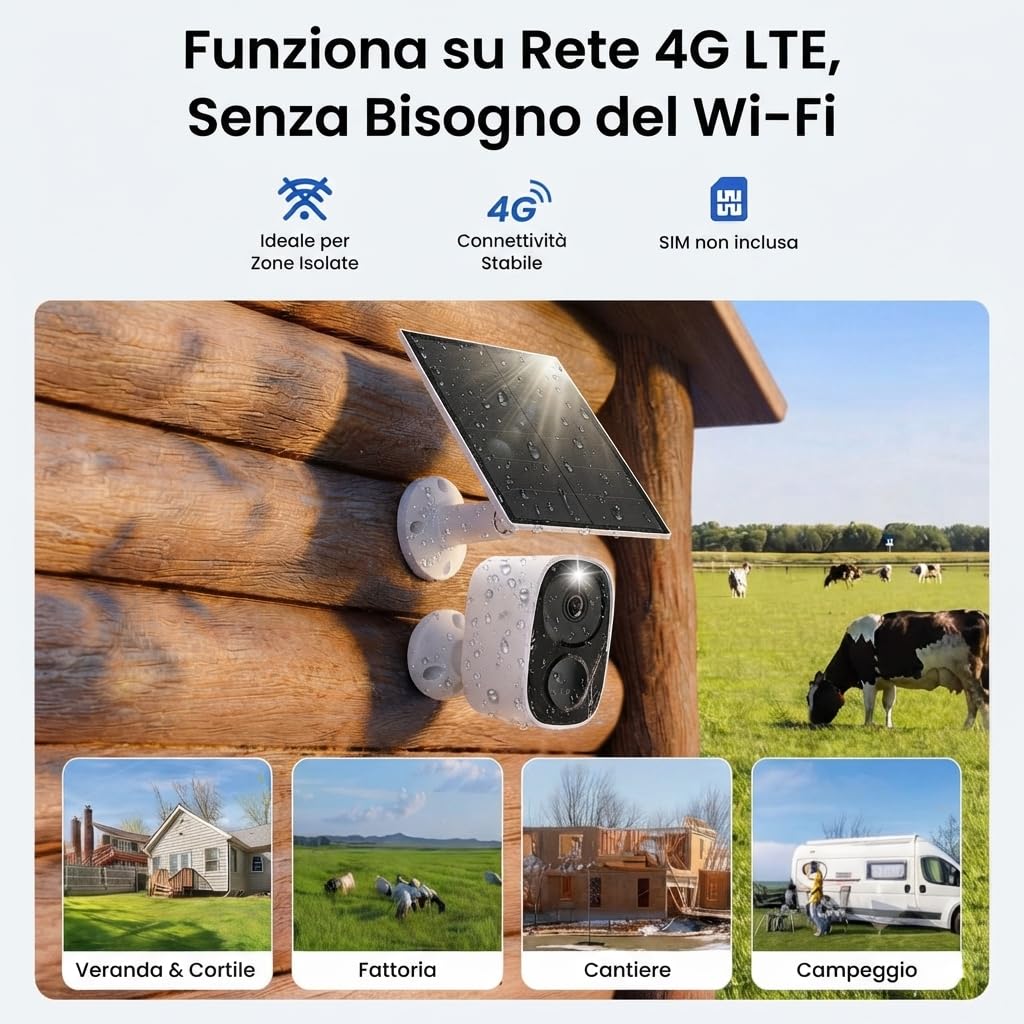 Nuwo 4G LTE Telecamera Wi-Fi Esterno 2K 3MP con Batteria 5000mAh | Videocamera Sorveglianza con Pannello Solare | Visione Notturna a Colori | Rilevamento del Movimento | Audio Bidirezionale | IP66