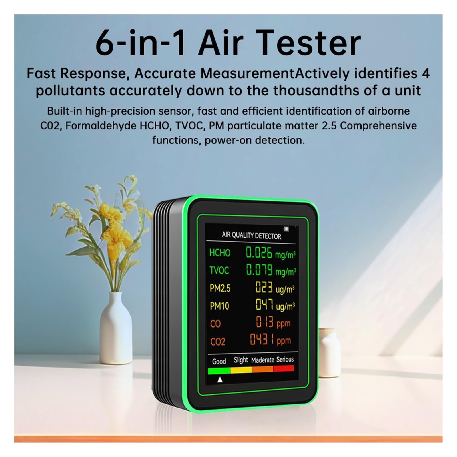Air Quality Monitor, Multifunzionale 6 In 1 Monitor A Qualità 'aria Misuratore Di CO2 Tester Digitale Umidità A Temperatura Rilevatore Anidride Carbonica TVOC HCHO(Black)