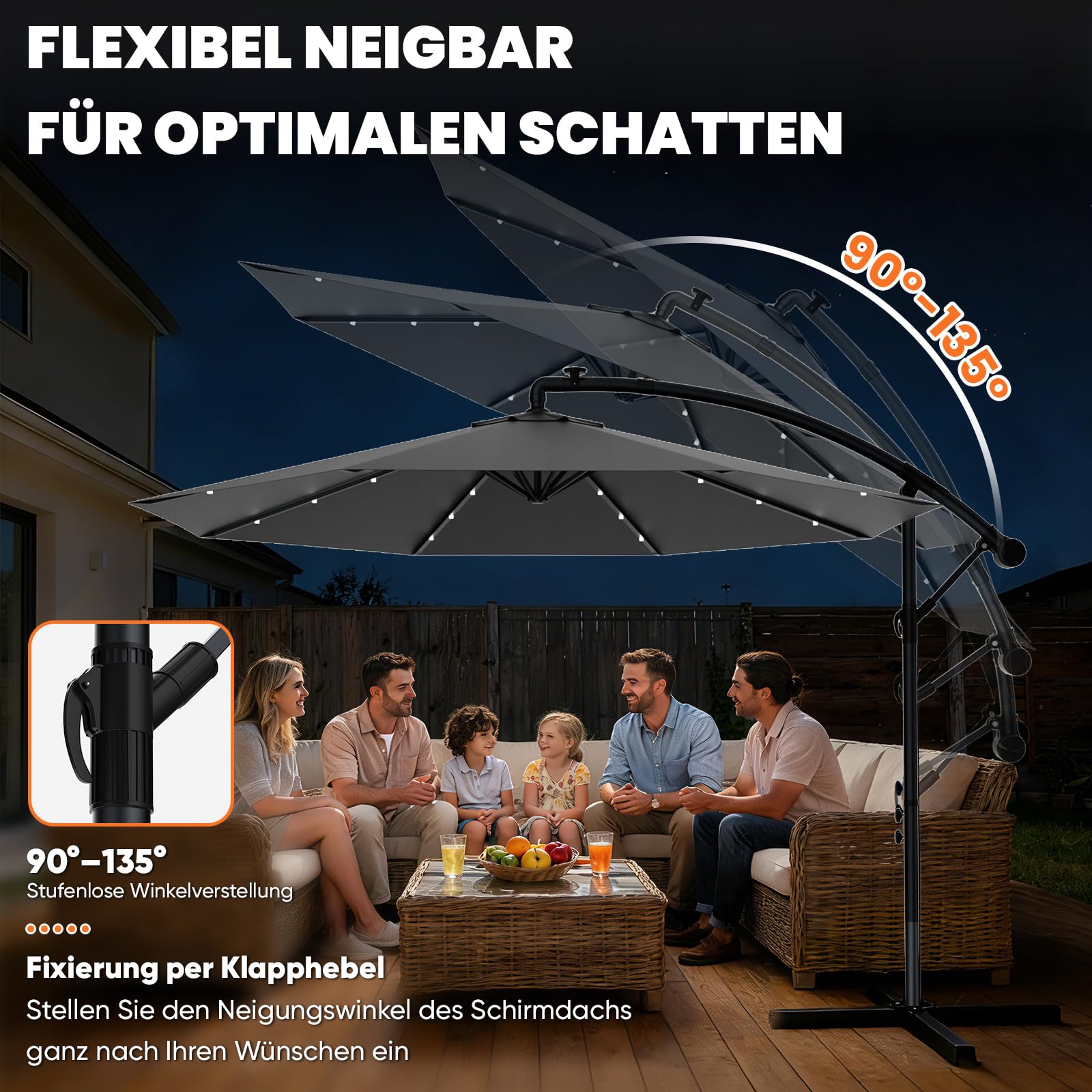 Huracan parasol déporté avec pied & couverture, solaire LED grand parasol à manivelle, pivotant à 360°, aluminium pliable, protection UV, inclinable, pour balcon, terrasse, jardin