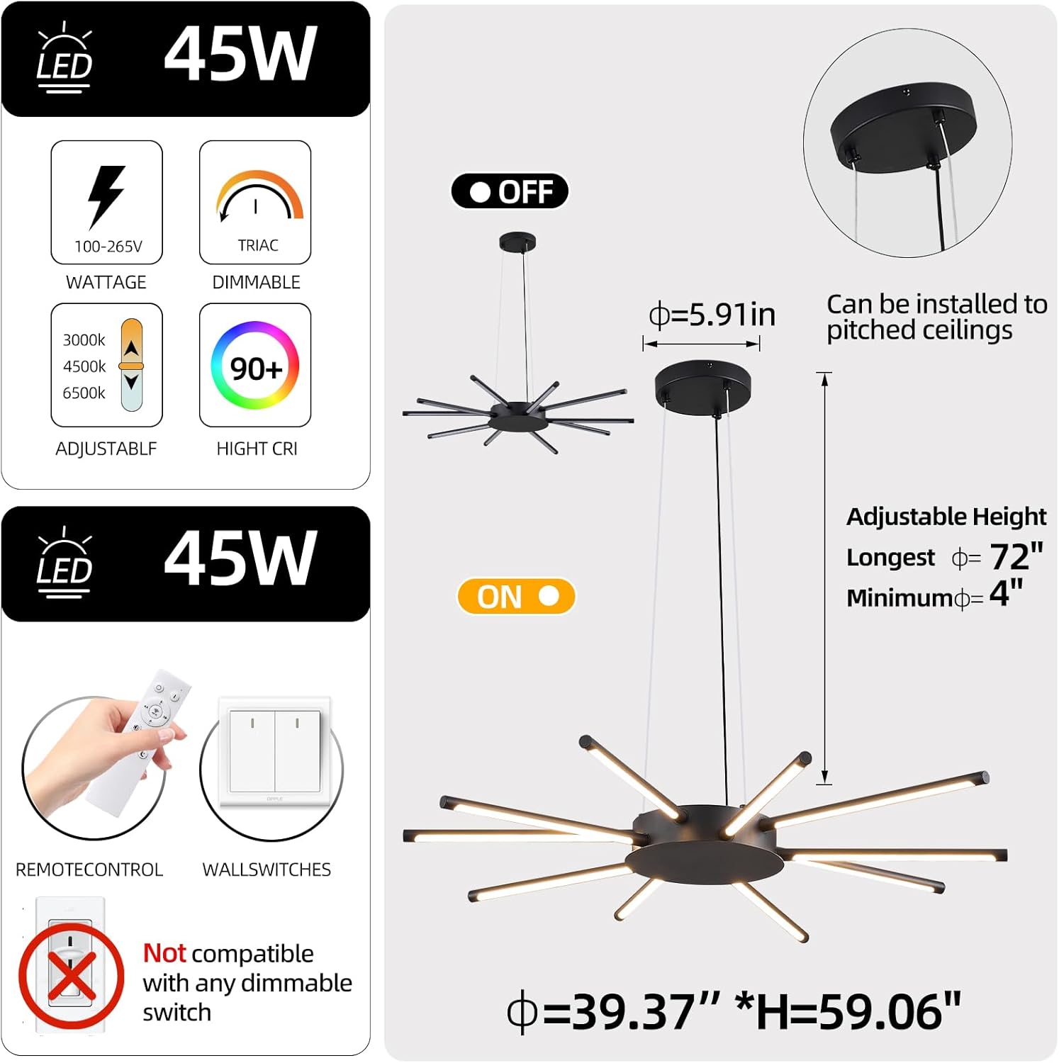 39.37 inches Modern Sputnik Chandelier 10 Light Dining Room Light Fixture LED Dimmable Pendant Light with Remote Control Black Chandeliers for Living Room Kitchen Bedroom