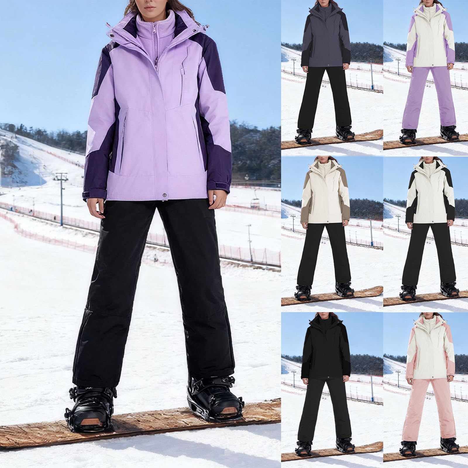 Generisch Damen Skianzug Winddicht Schneeanzug Langarm Ski Jacke mit Kapuze und Winterhose Bekleidungsset Ski Anzug Verdicken Schneemantel Schneehose 2-teiliges Sett, zum Skifahren und Winter