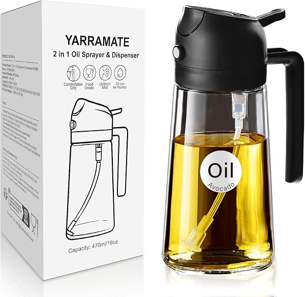 YARRAMATE Spruzzatore di olio da cucina, bottiglia di olio d'oliva 2 in 1 per cucina, bottiglia di olio di vetro da 17 oz/470 ml per friggitrice ad aria, barbecue (Nero Ossidiana) - 1