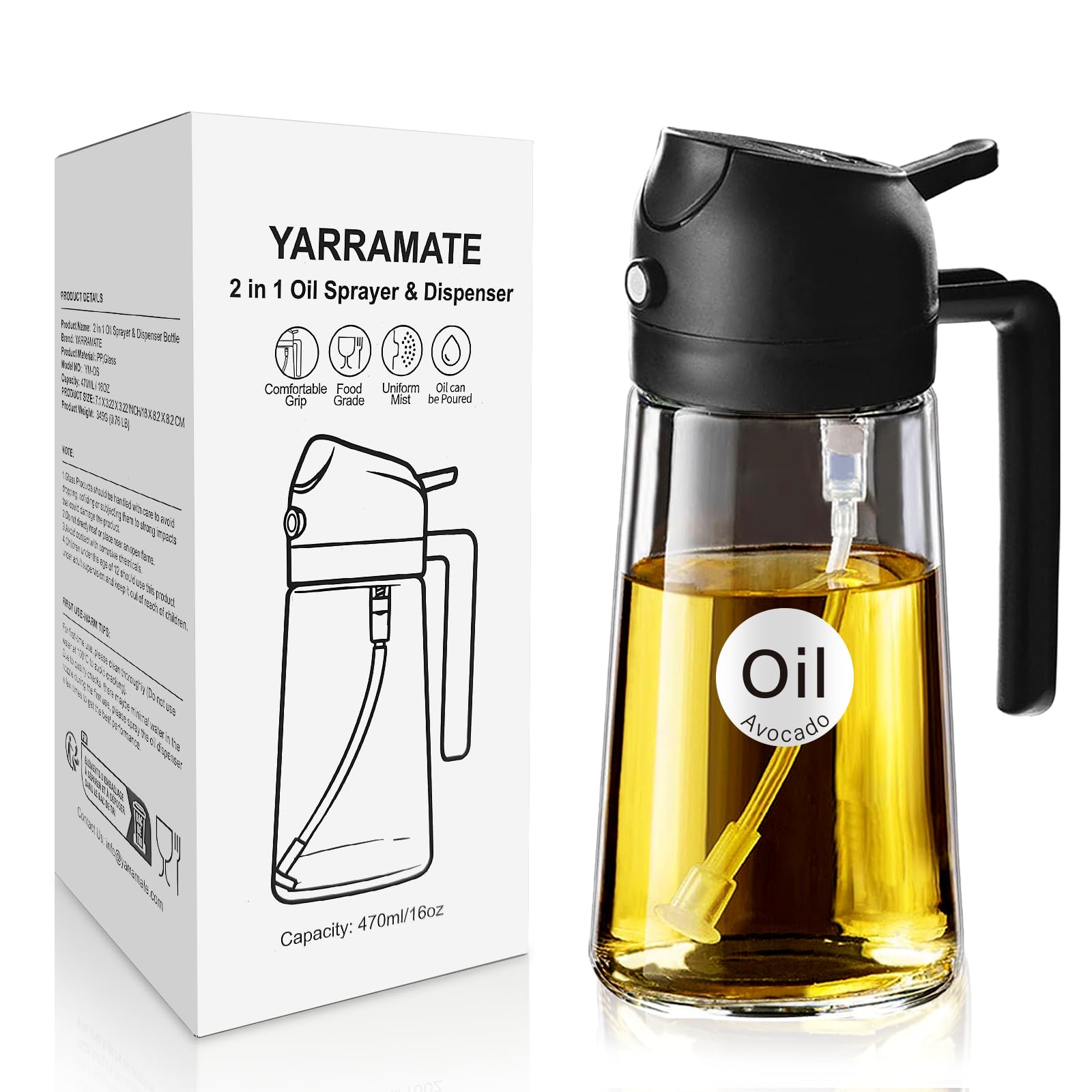 YARRAMATE Spruzzatore di olio da cucina, bottiglia di olio d'oliva 2 in 1 per cucina, bottiglia di olio di vetro da 17 oz/470 ml per friggitrice ad aria, barbecue (Nero Ossidiana)