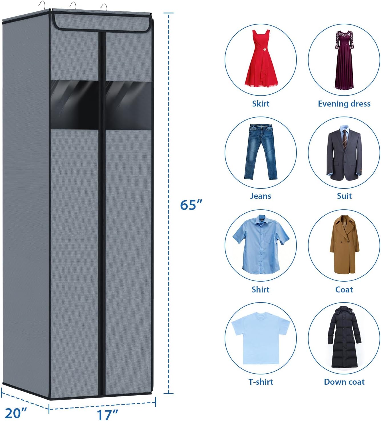 Zilink Long Dress Garment Bag Formal Gowns 65" Long Dress Bags for Gowns Long with Clear Window Space Saving Gown Garment Bag for Long Dresses, Winter Coat, Trousers, Fur, Grey