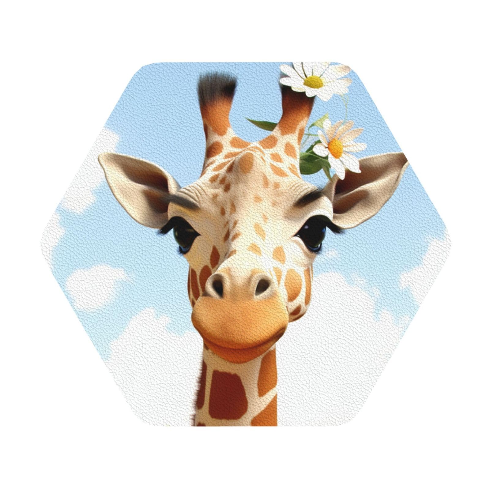 Fodpand Hexagon Giraffe Drink Coasters Set Of 4, Heat Resistant Leather Coasters Fuuny Bar Beer Beverage Coaster For Drinks, Absorbent Cup Mat For Tabletop Protection, Housewarming Gift