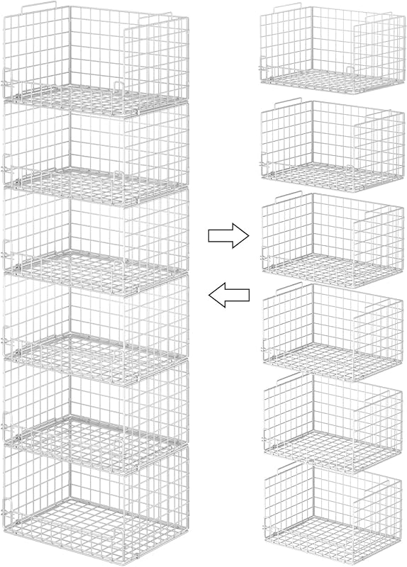 6-Tier Stackable Closet Organizers and Storage Basket - Foldable Closet Shelf Organizer System, Sturdy Metal Space-Saving Clothes Storage Bins for Wardrobe, White
