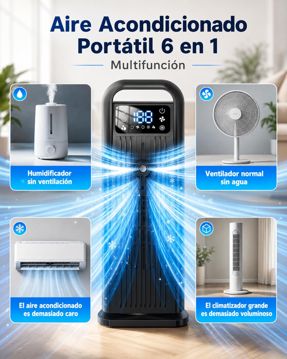 Aire Acondicionado Portátil sin Tubo, Climatizador Evaporativo 6 en 1 Bajo Consumo, Ventilador Torre Silencioso con Mando, Oscilación 120°, Depósito 1.2L, Temporizador 12H, Negro Medianoche