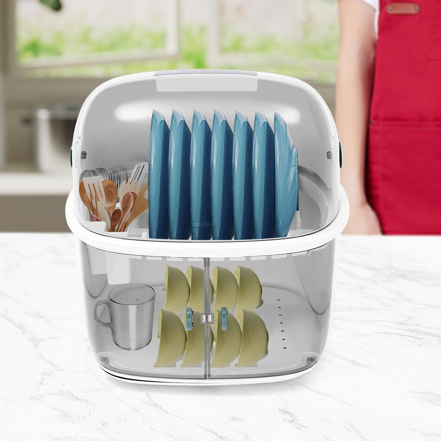 2 Tier Plastic Drying Rack for Kitchen Dish Drying Rack Drainboard Set with Lid Cover Plastic Small Utensil Holder Rack for Kitchen Plate Cup Dish Storage Box